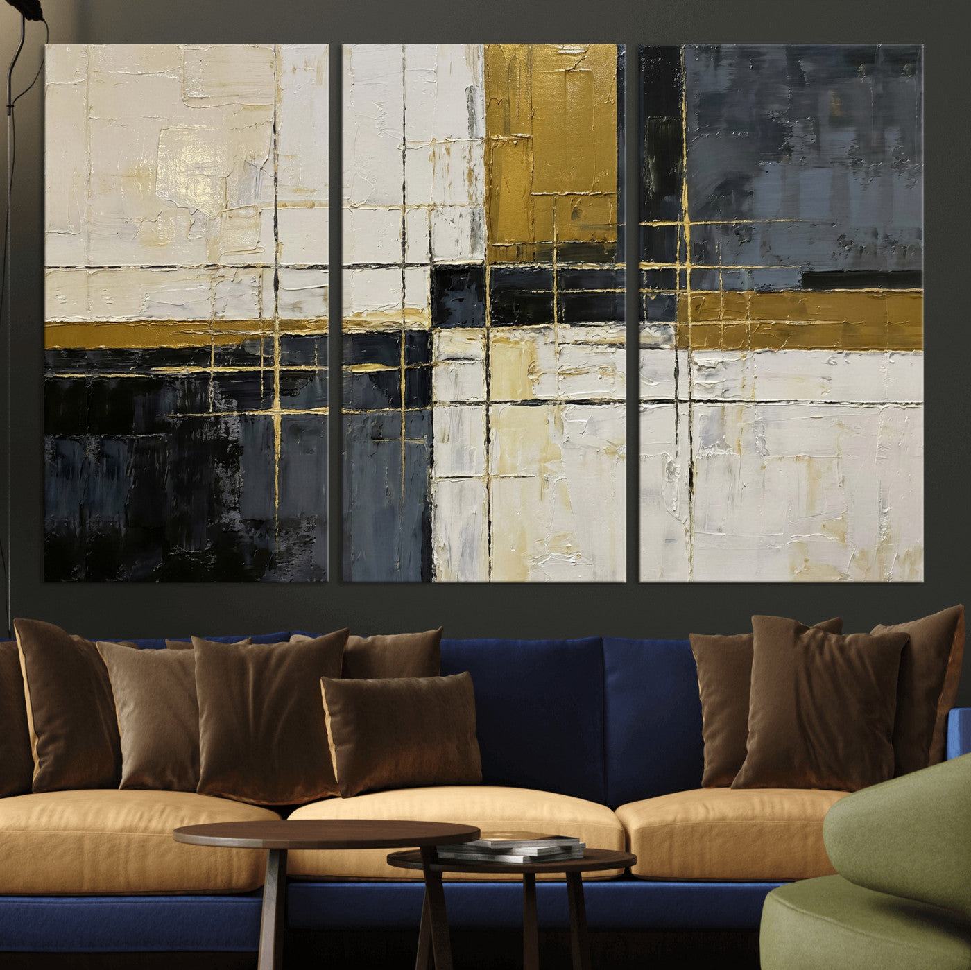 36097945-MGV-CV-36X24 - Abstract Gold and Black Wall Art Canvas Print – Modern Geometric Neutral Artwork for Living Room Decor