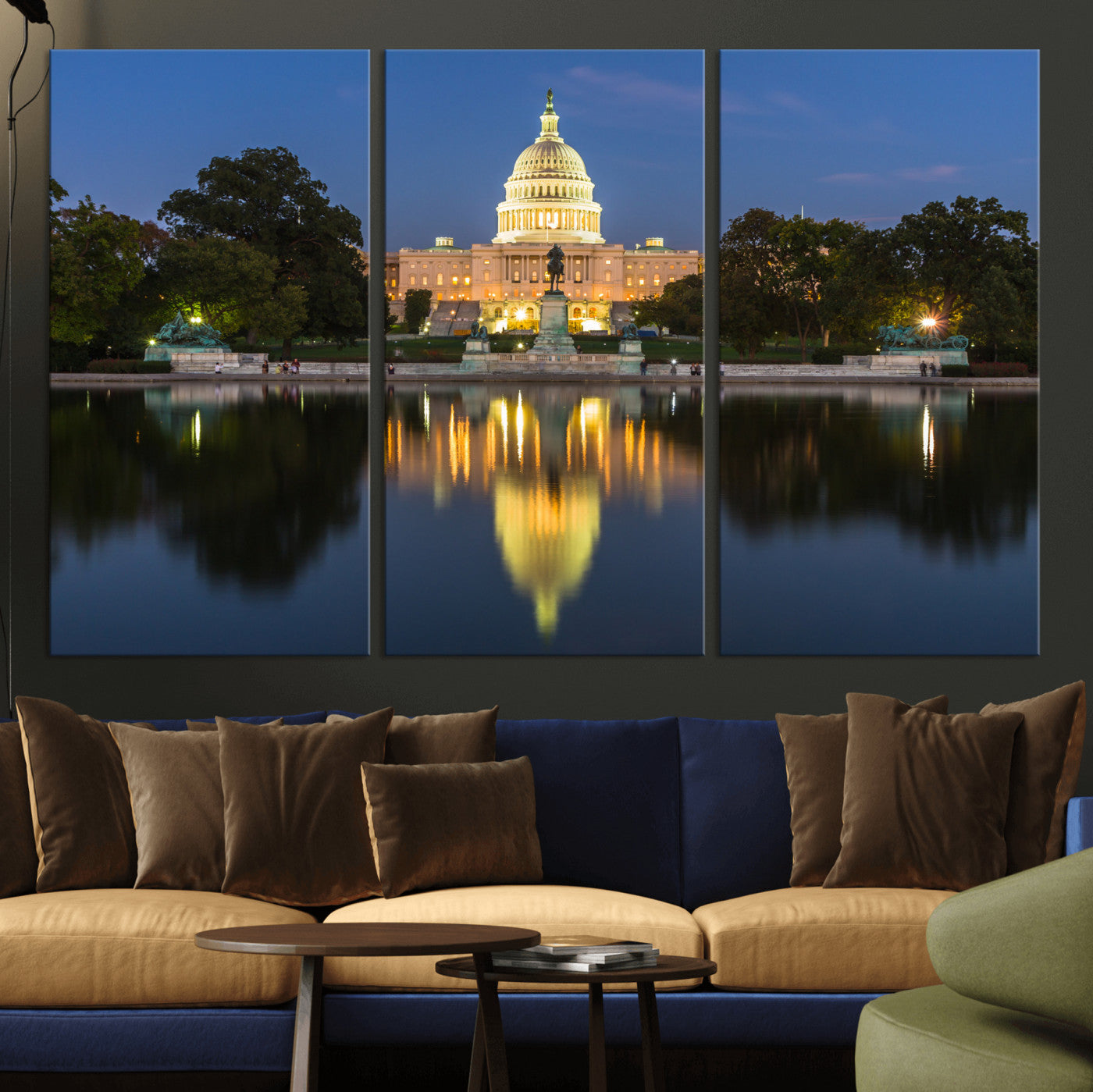 95568590-MGV-CV-36X24 - US Capitol Building Wall Art Canvas Print – Washington DC Landmark Night Reflection Artwork for Office Decor
