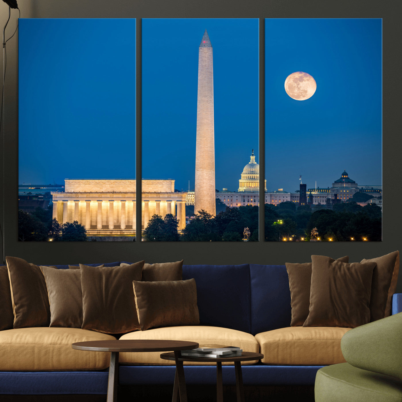 96712946-MGV-CV-36X24 - Washington DC Skyline Wall Art Canvas Print – Lincoln Memorial, Washington Monument and US Capitol Night Cityscape Artwork