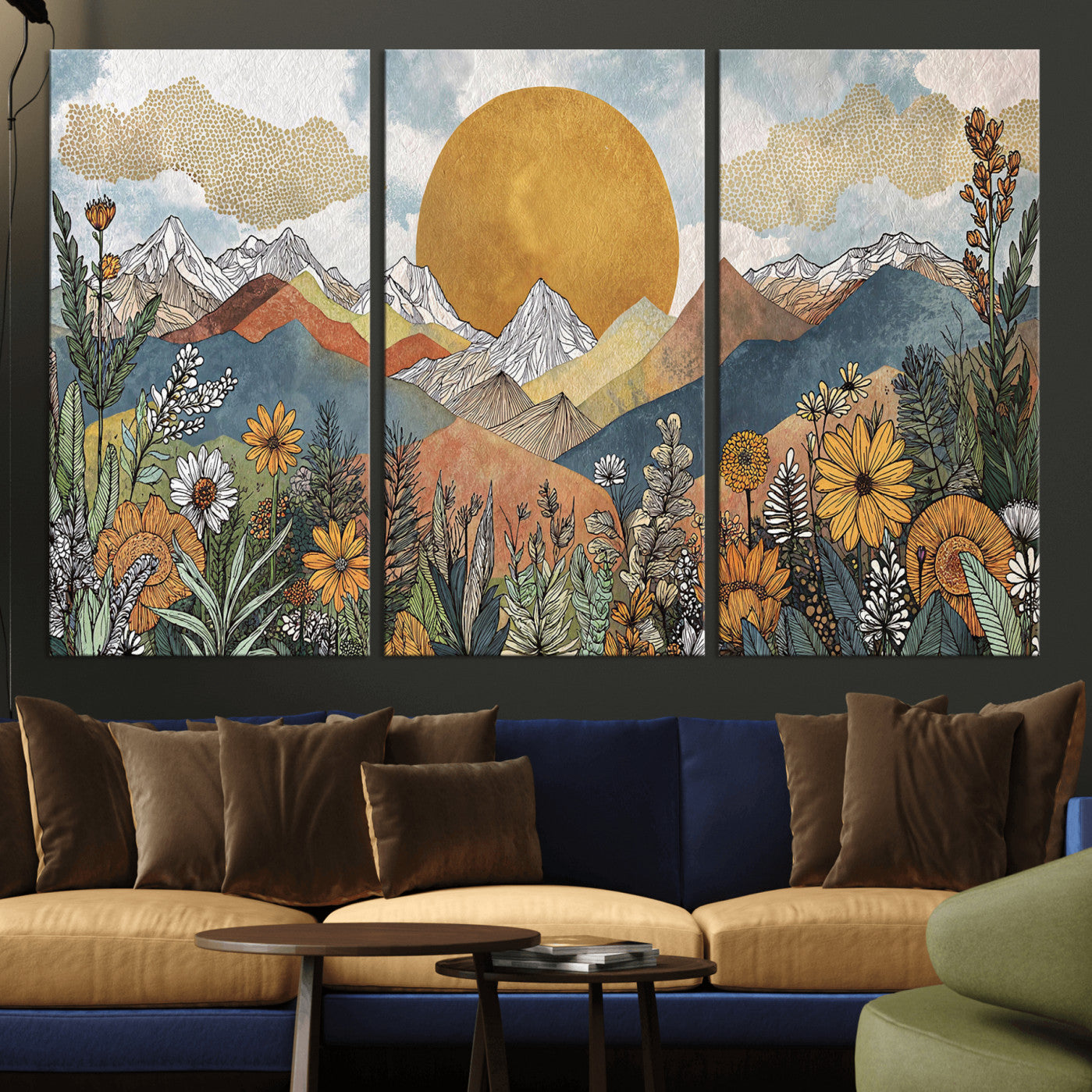 17540863-MGV-CV-36X24 - Boho Mountain Landscape Large Wall Art, Horizontal Gold Framed Canvas Print with Sun and Flowers