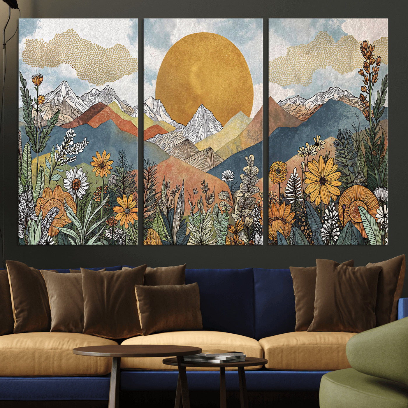 17540863-MGV-CV-36X24 - Boho Mountain Landscape Large Wall Art, Horizontal Gold Framed Canvas Print with Sun and Flowers