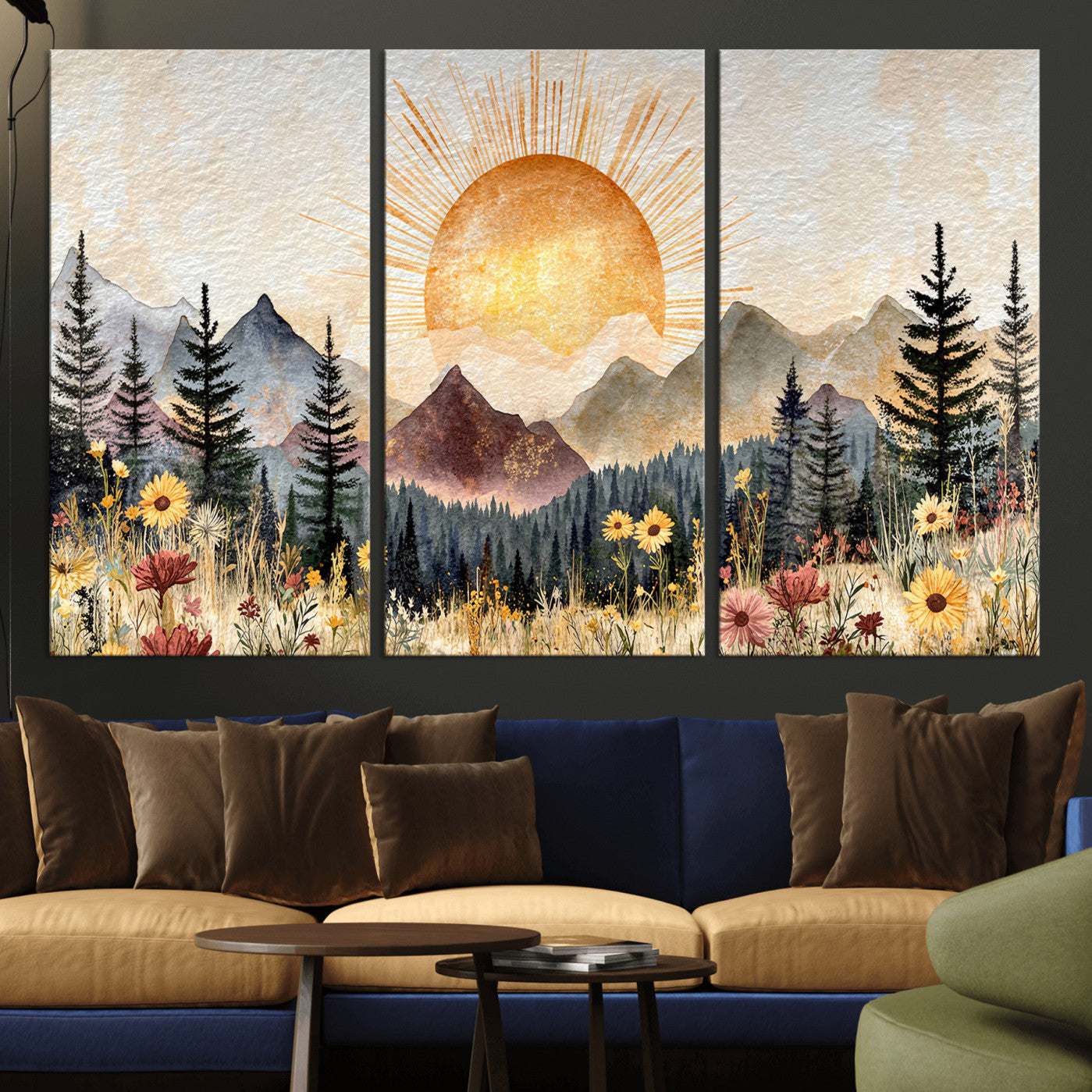 69025244-MGV-CV-36X24 - Boho Mountain Landscape Large Wall Art, Horizontal Gold Framed Canvas Print with Sun and Flowers
