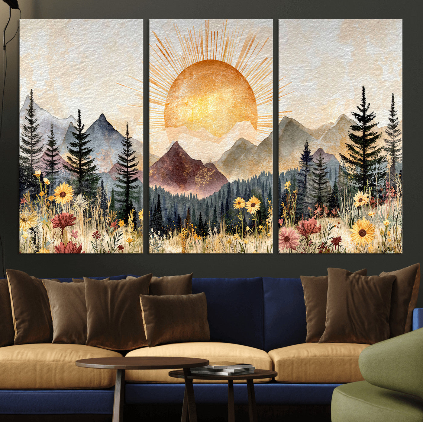 69025244-MGV-CV-36X24 - Boho Mountain Landscape Large Wall Art, Horizontal Gold Framed Canvas Print with Sun and Flowers