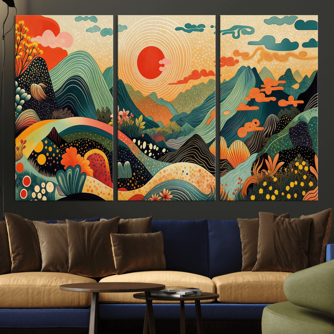 29927191-MGV-CV-36X24 - Yayoi Kusama Boho Mountain Landscape Large Wall Art, Horizontal Gold Framed Canvas Print with Sun and Flowers