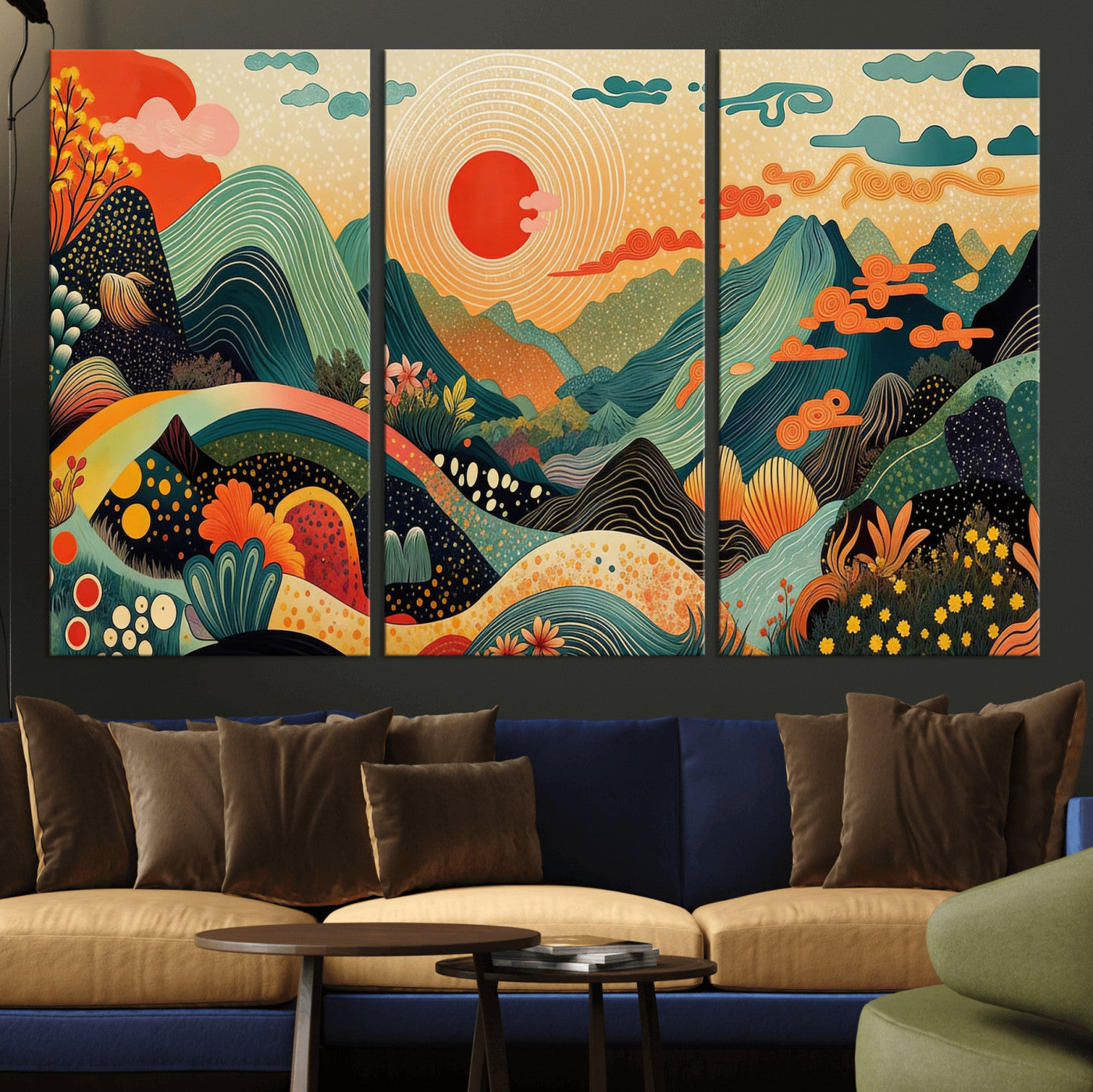 29927191-MGV-CV-36X24 - Yayoi Kusama Boho Mountain Landscape Large Wall Art, Horizontal Gold Framed Canvas Print with Sun and Flowers