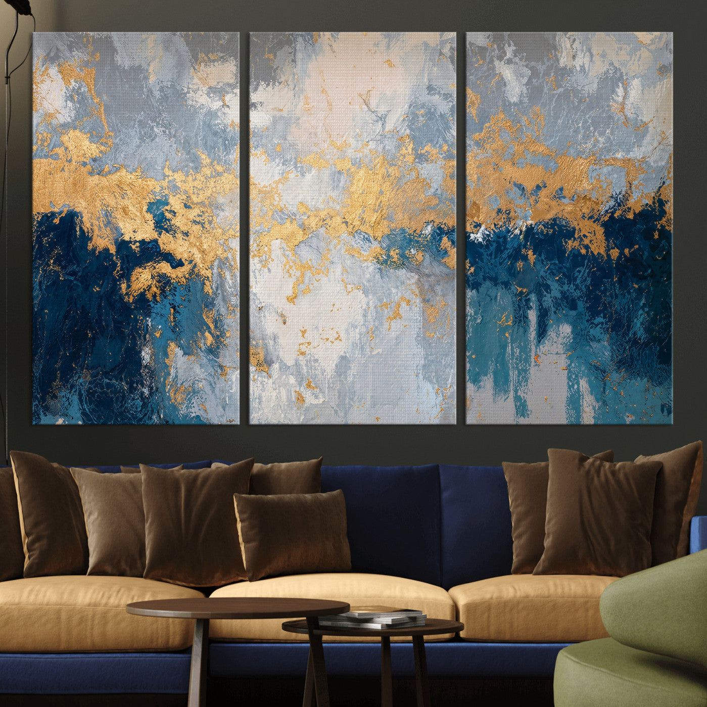 65386119-MGV-CV-36X24 - Blue Gold Abstract Large Framed Canvas Wall Art, Modern Luxury Painting Print in Horizontal Oversized Minimal Wall Decor Artwork