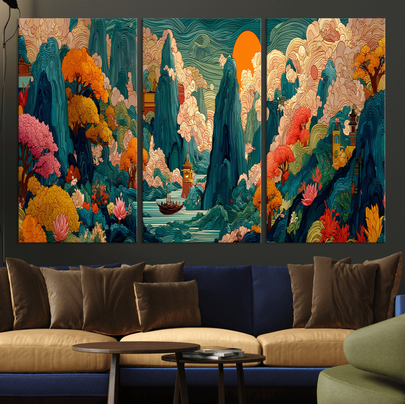 90422518-MGV-CV-48X32-3P - Colorful Japanese Landscape Print: Maximalist Panoramic Wall Art