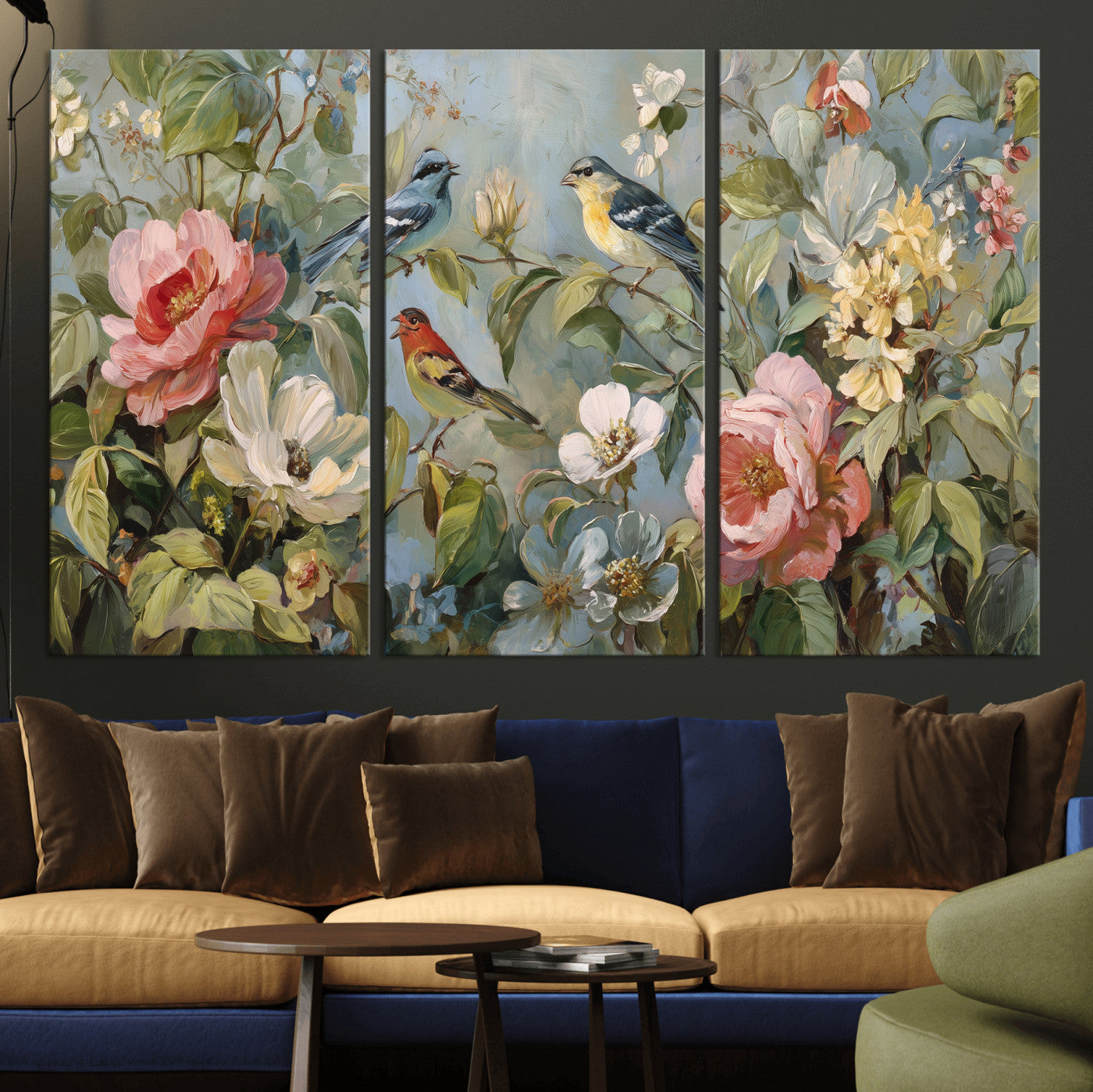 55440837-MGV-CV-36X24 - Vintage Birds and Flowers Wall Art Canvas Print, Botanical Bird Painting Canvas Print, Floral Garden Bird Artwork Canvas Print, Classic Bird Flower Painting Canvas Print