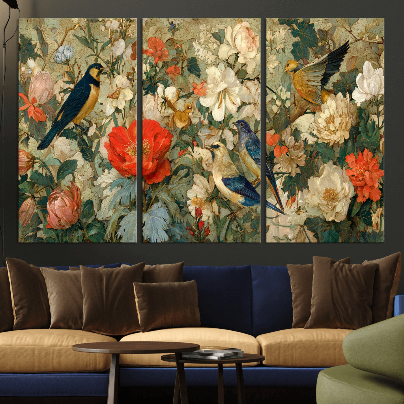 52904757-MGV-CV-36X24 - Vintage Birds and Flowers Wall Art Canvas Print, Botanical Bird Painting Canvas Print, Floral Garden Bird Artwork Canvas Print, Classic Bird Flower Painting Canvas Print