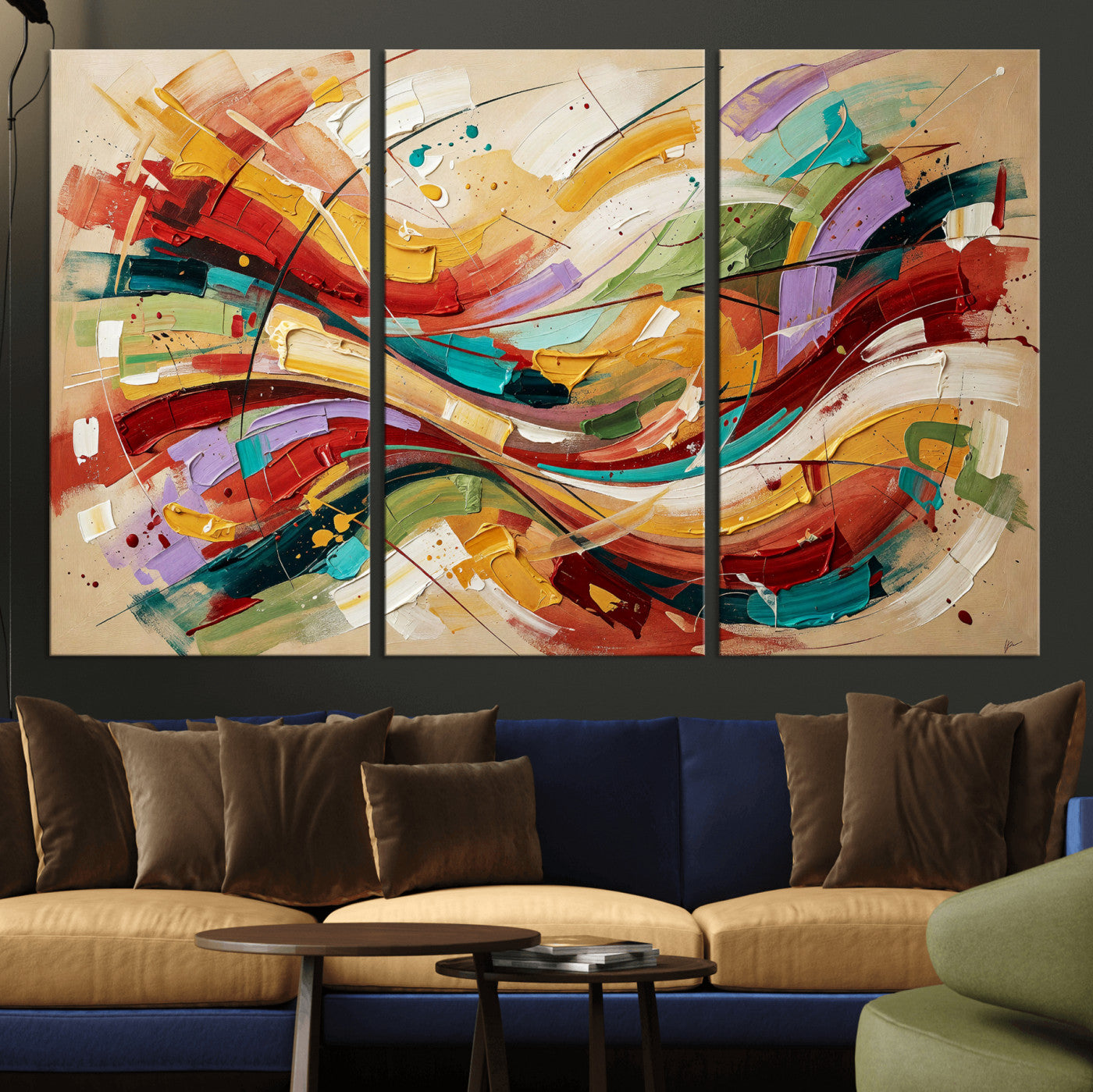 39887645-MGV-CV-36X24 - Geometric Abstract Wall Art Canvas Print, Orange Blue Abstract Expressionist Painting Print, Modern Geometric Abstract Canvas Art