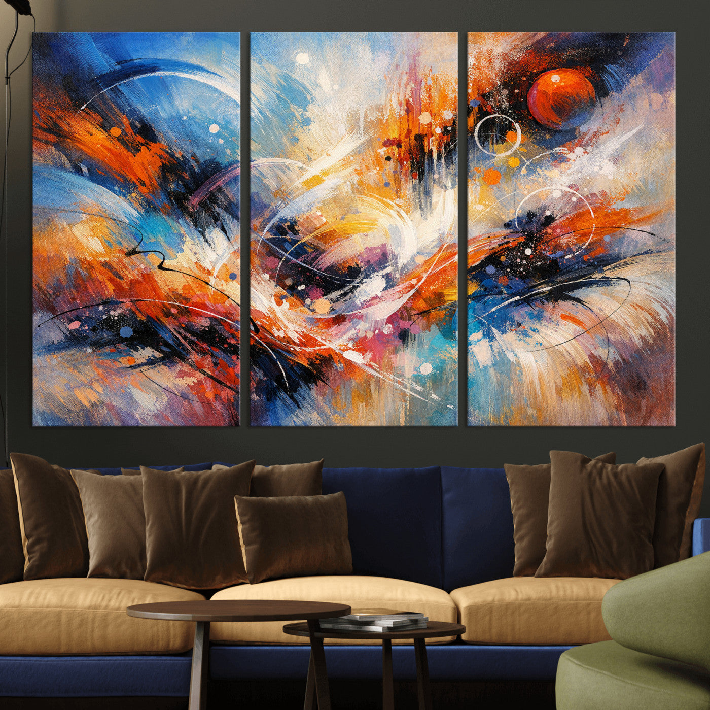 47770355-MGV-CV-36X24 - Geometric Abstract Wall Art Canvas Print, Orange Blue Abstract Expressionist Painting Print, Modern Geometric Abstract Canvas Art