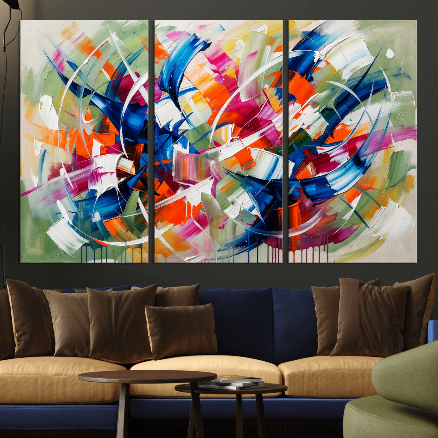 15032888-MGV-CV-36X24 - Geometric Abstract Wall Art Canvas Print, Orange Blue Abstract Expressionist Painting Print, Modern Geometric Abstract Canvas Art