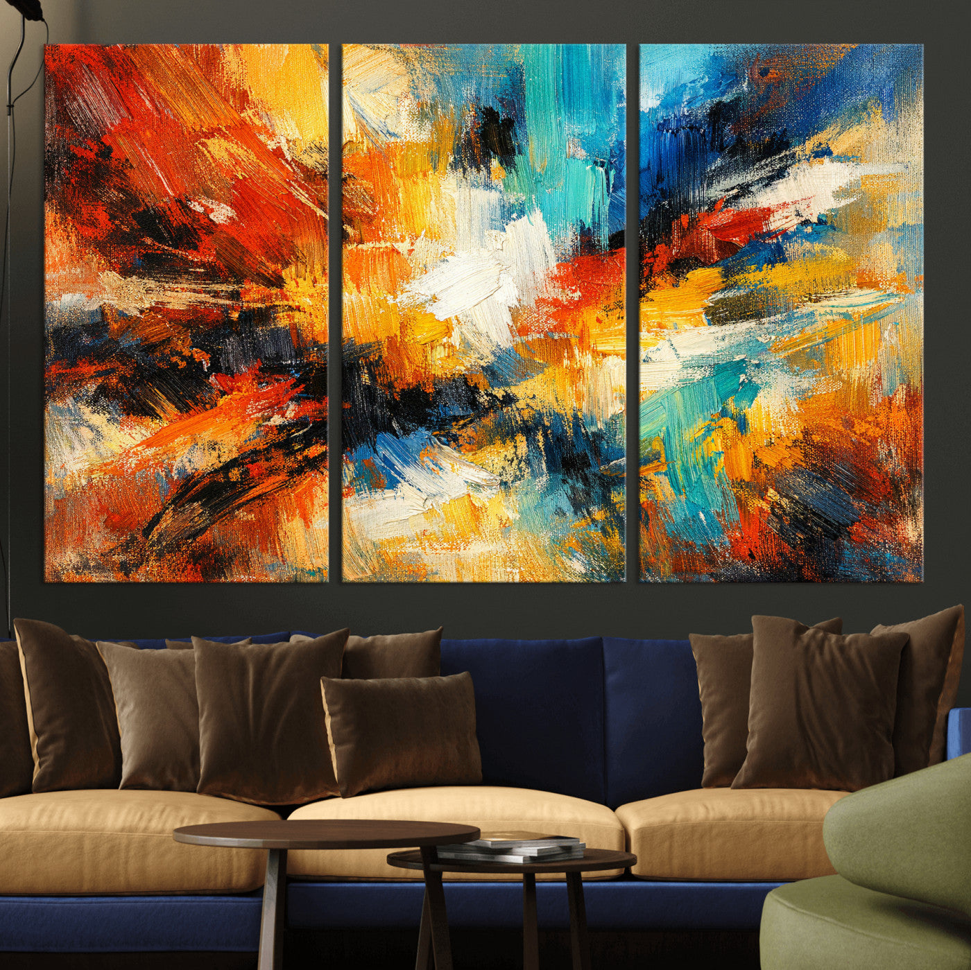 93167583-MGV-CV-36X24 - Geometric Abstract Wall Art Canvas Print, Orange Blue Abstract Expressionist Painting Print, Modern Geometric Abstract Canvas Art