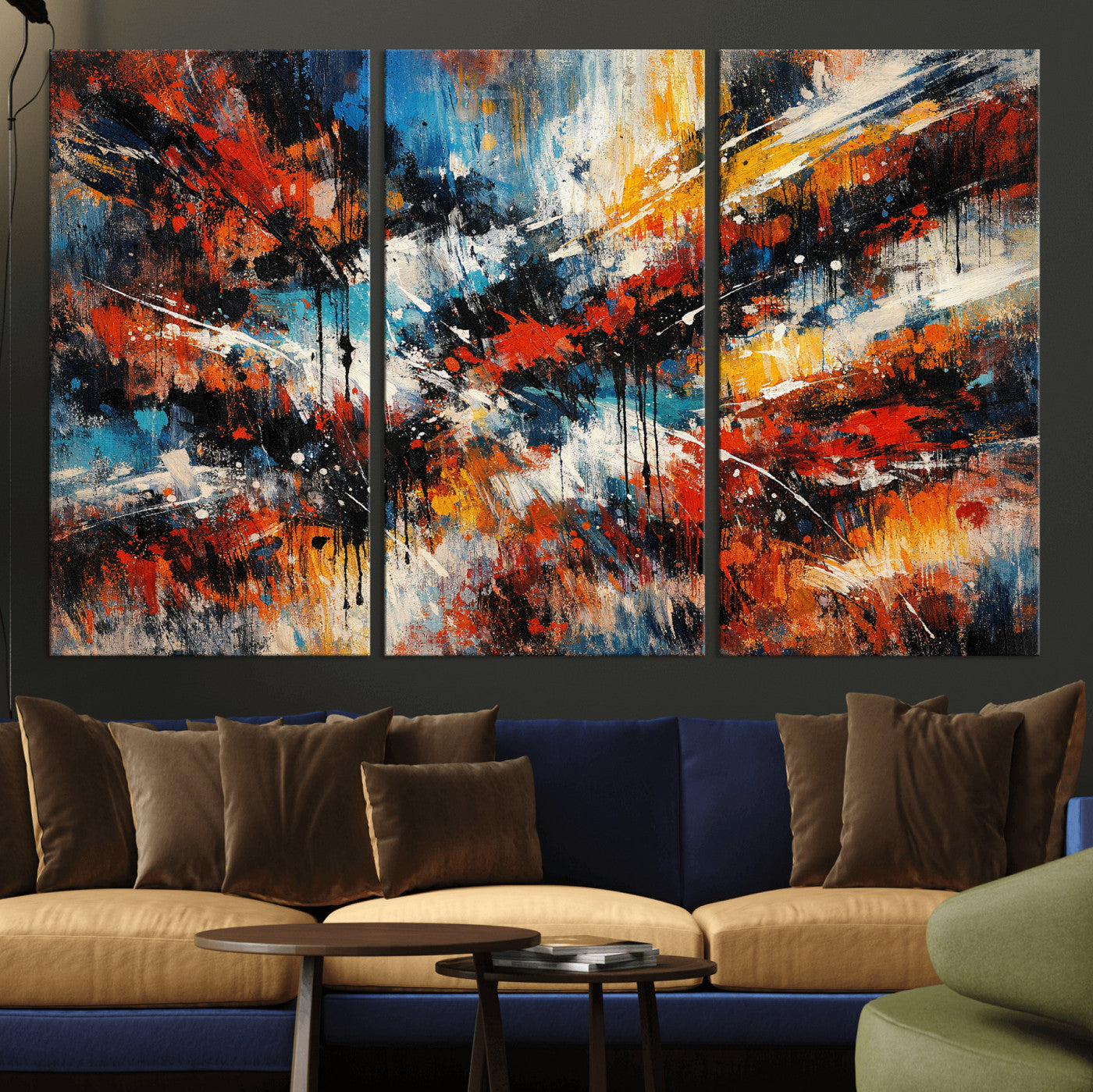 80276069-MGV-CV-36X24 - Geometric Abstract Wall Art Canvas Print, Orange Blue Abstract Expressionist Painting Print, Modern Geometric Abstract Canvas Art
