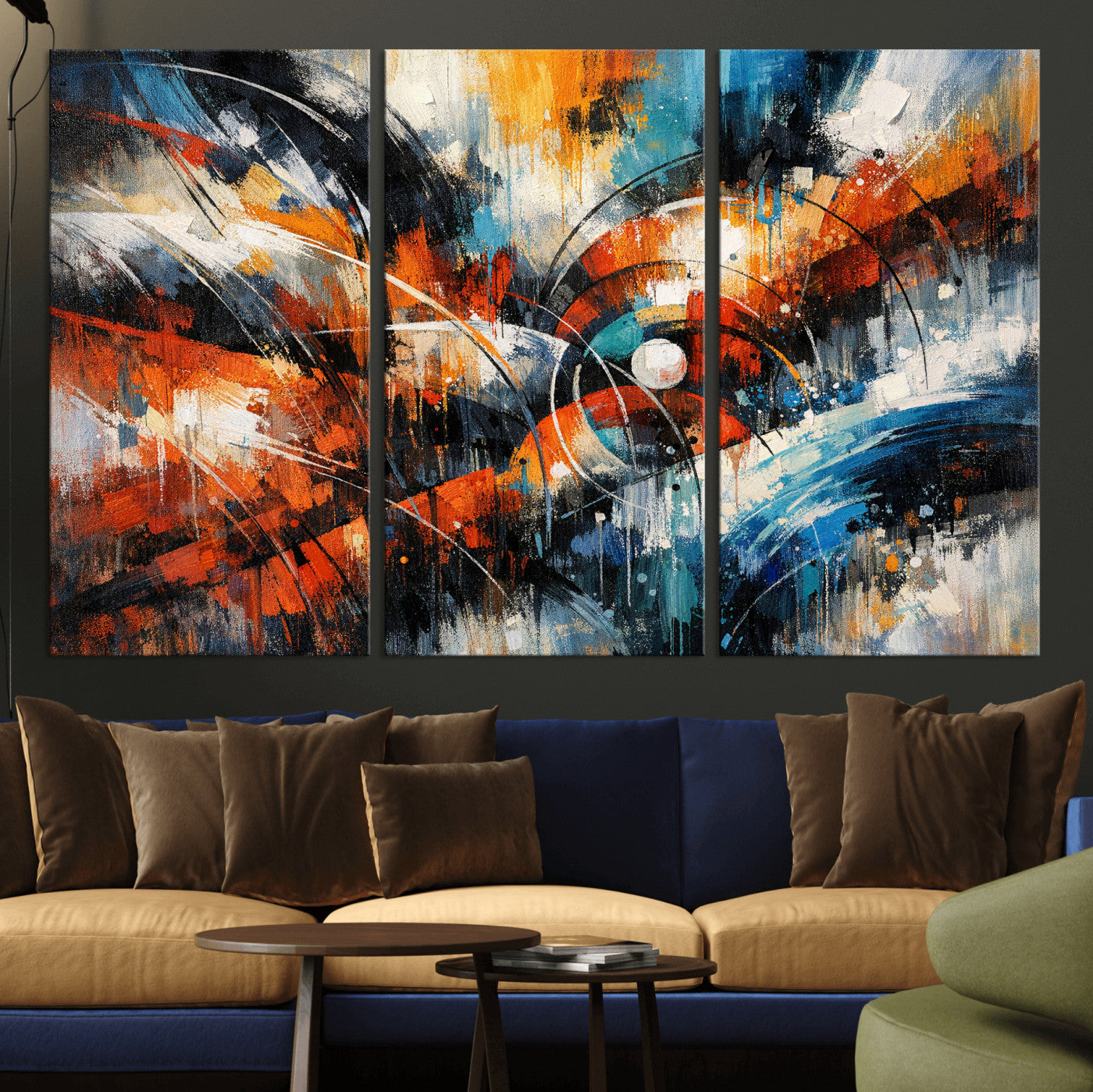 47120691-MGV-CV-36X24 - Geometric Abstract Wall Art Canvas Print, Orange Blue Abstract Expressionist Painting Print, Modern Geometric Abstract Canvas Art