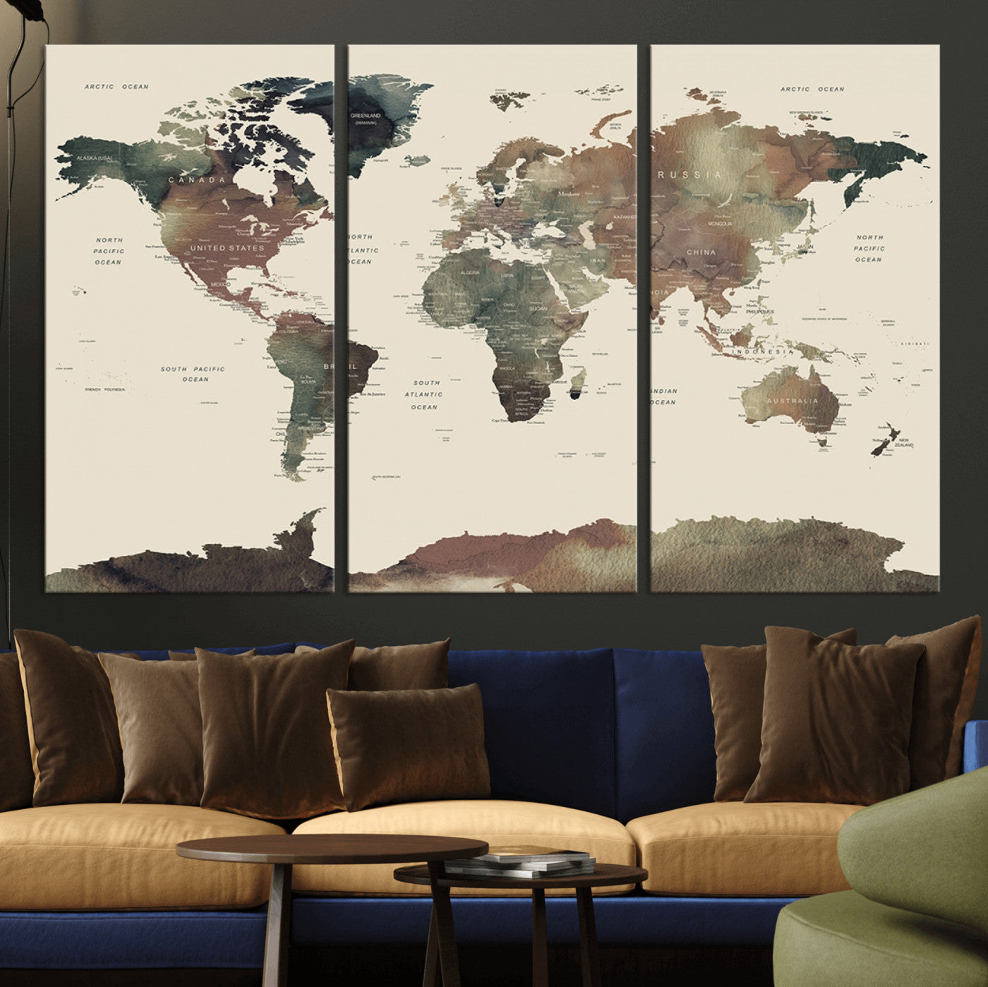 -Neutral Watercolor World Map Canvas Wall Art – Framed Earth Tone Map Print, Minimalist Travel Artwork for Modern Home and Office Decor