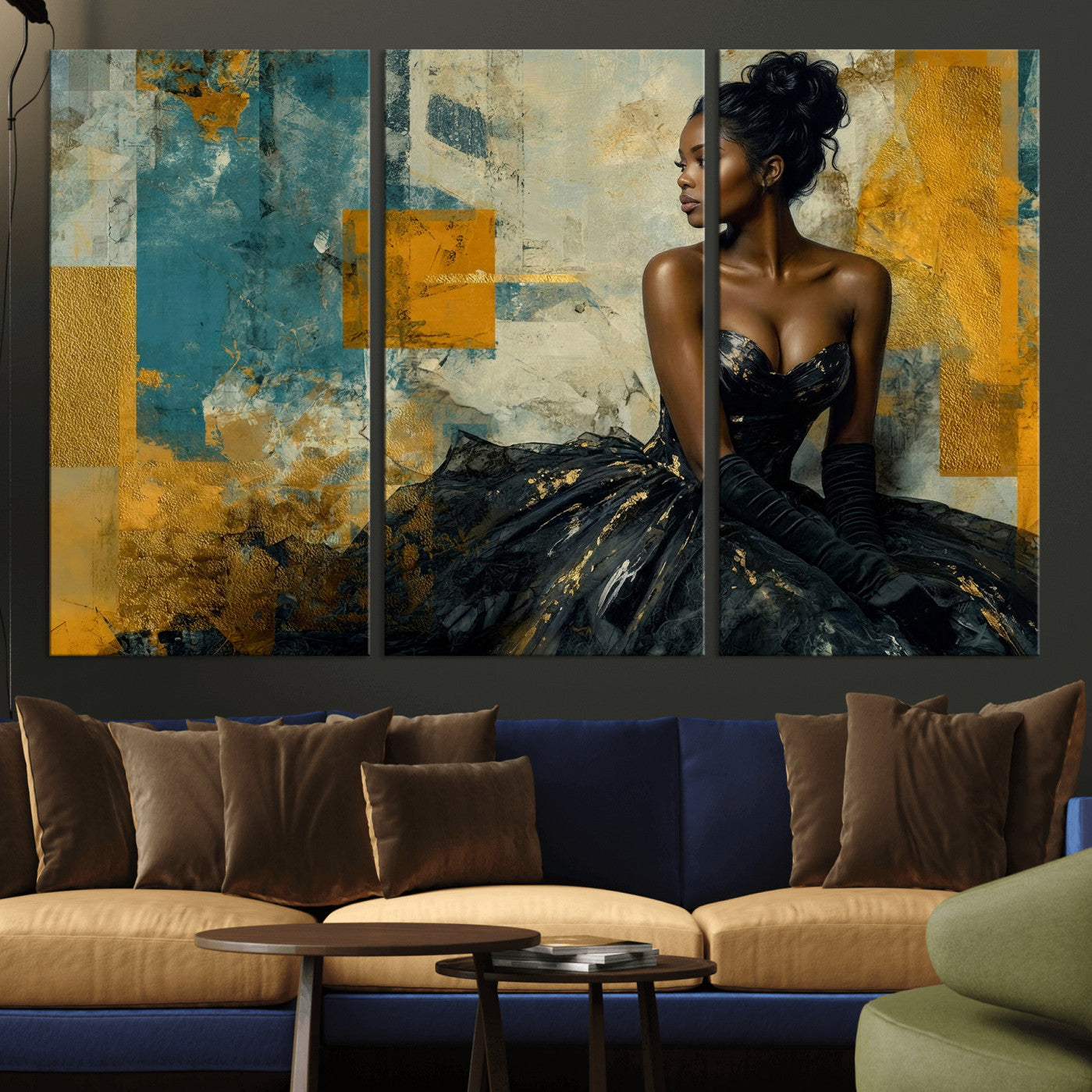 4712069Z21-MGV-CV-36X24 - Elegant Woman Canvas Wall Art — Black Gold Gown Fashion Print | Luxury Glam Wall Decor | African American Art | Bold Bedroom Wall Art Gift