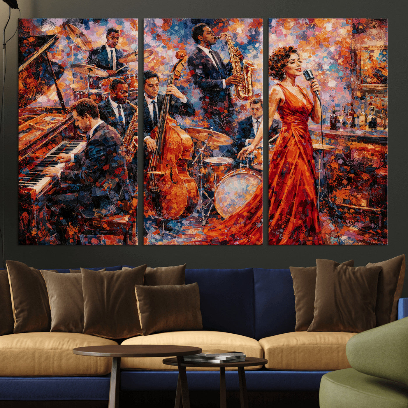 620930SF20-MGV-CV-36X24 - Jazz Band Canvas Wall Art — Jazz Club Singer Saxophone Print | Music Wall Decor | Bar Restaurant Art | Music Lover Gift | Jazz Home Decor