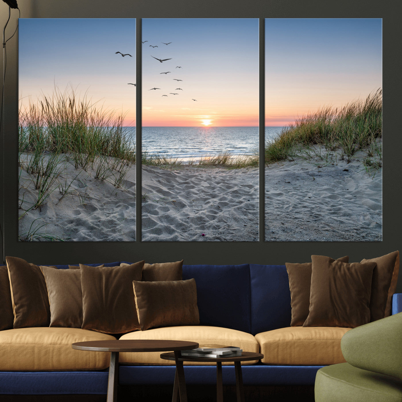 12172032-MGV-CV-36X24 - Sandy Dune Path Sunset Canvas Wall Art — Seagulls Beach Ocean Photography Print | Coastal Home Decor | Nautical Wall Art | Beach House Gift