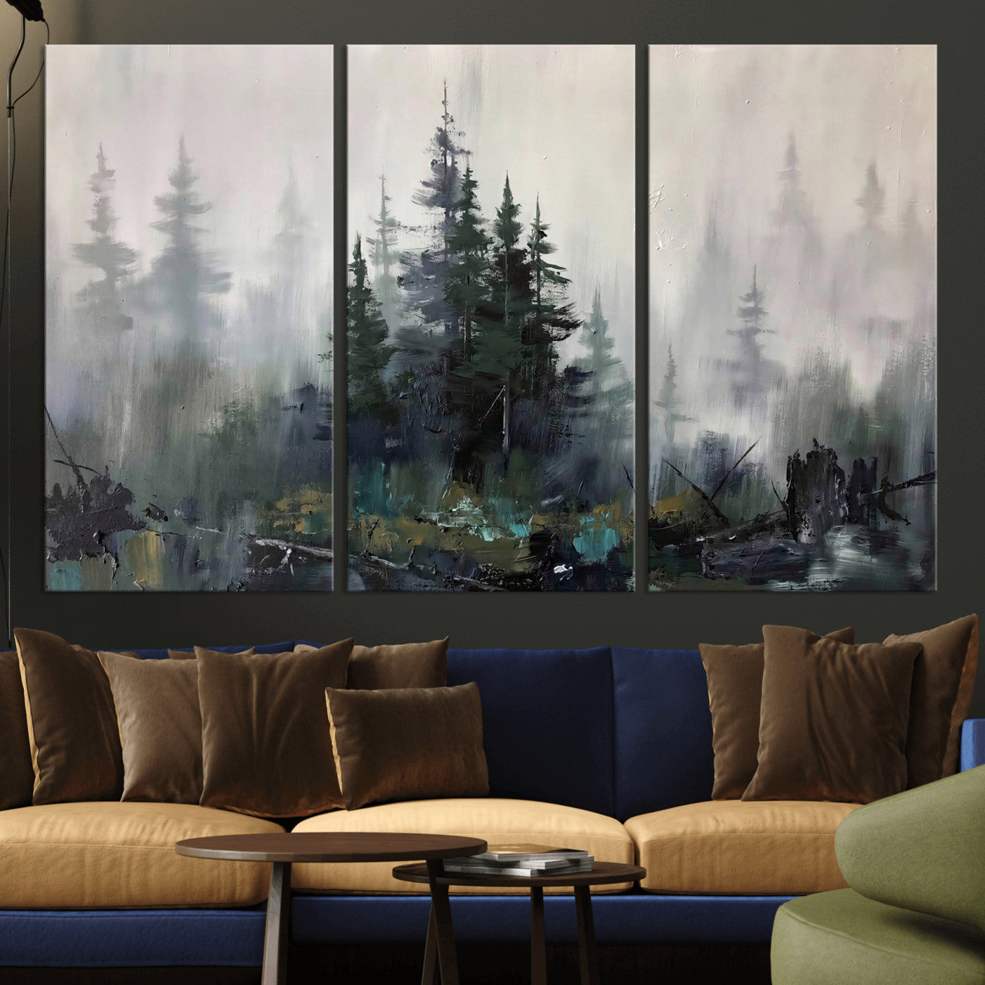 94143325-MGV-CV-36X24 - Misty Pine Forest Oil Painting Canvas — Dark Moody Teal Grey Tree Print | Japandi Scandinavian Wall Art | Minimalist Nature Decor Gift