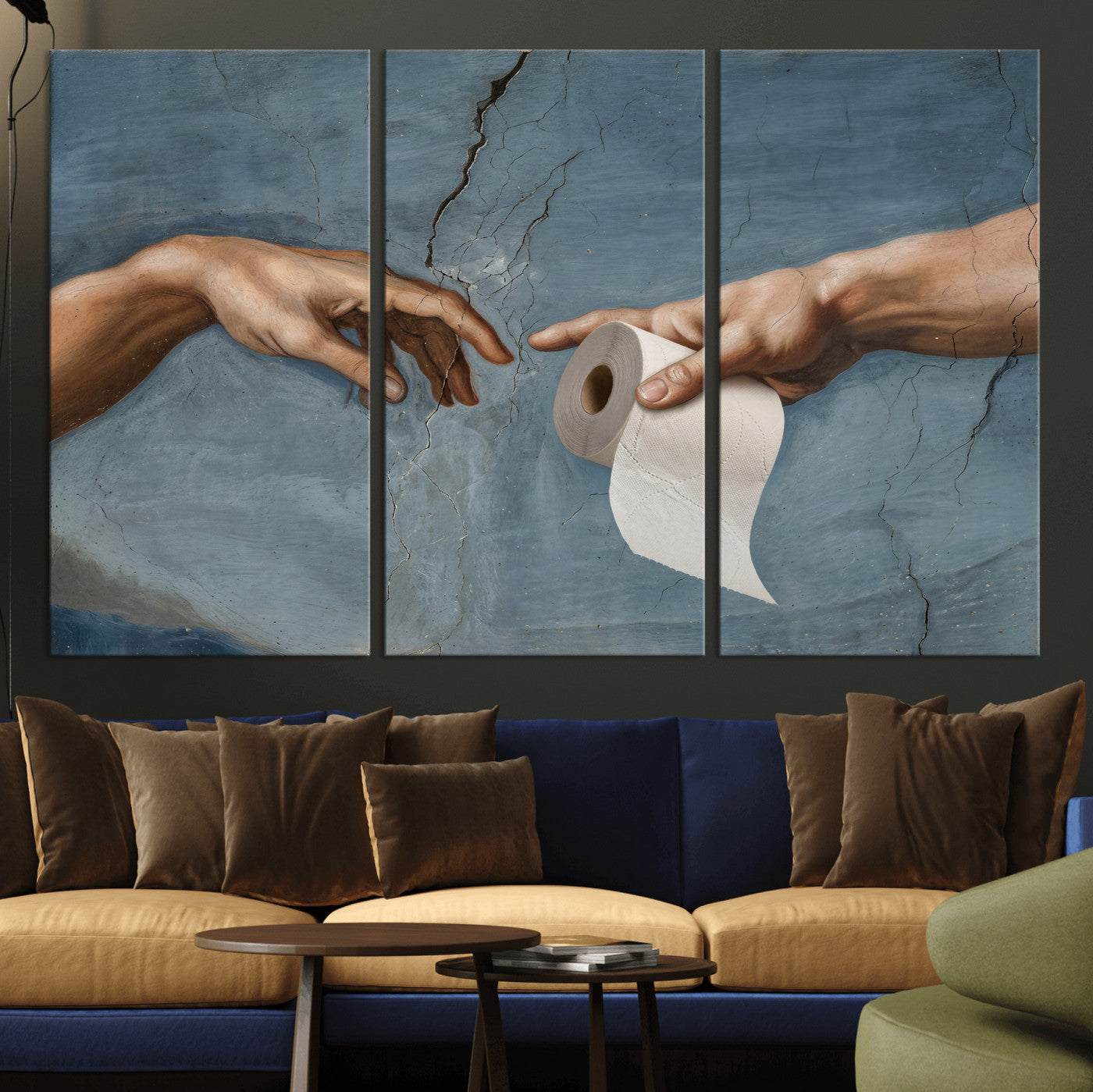 42648143-MGV-CV-36X24 - Funny Bathroom Canvas Wall Art, Michelangelo Creation of Adam Toilet Paper Parody, Renaissance Humor Print, Quirky Housewarming Gift, Toilet Room Decor