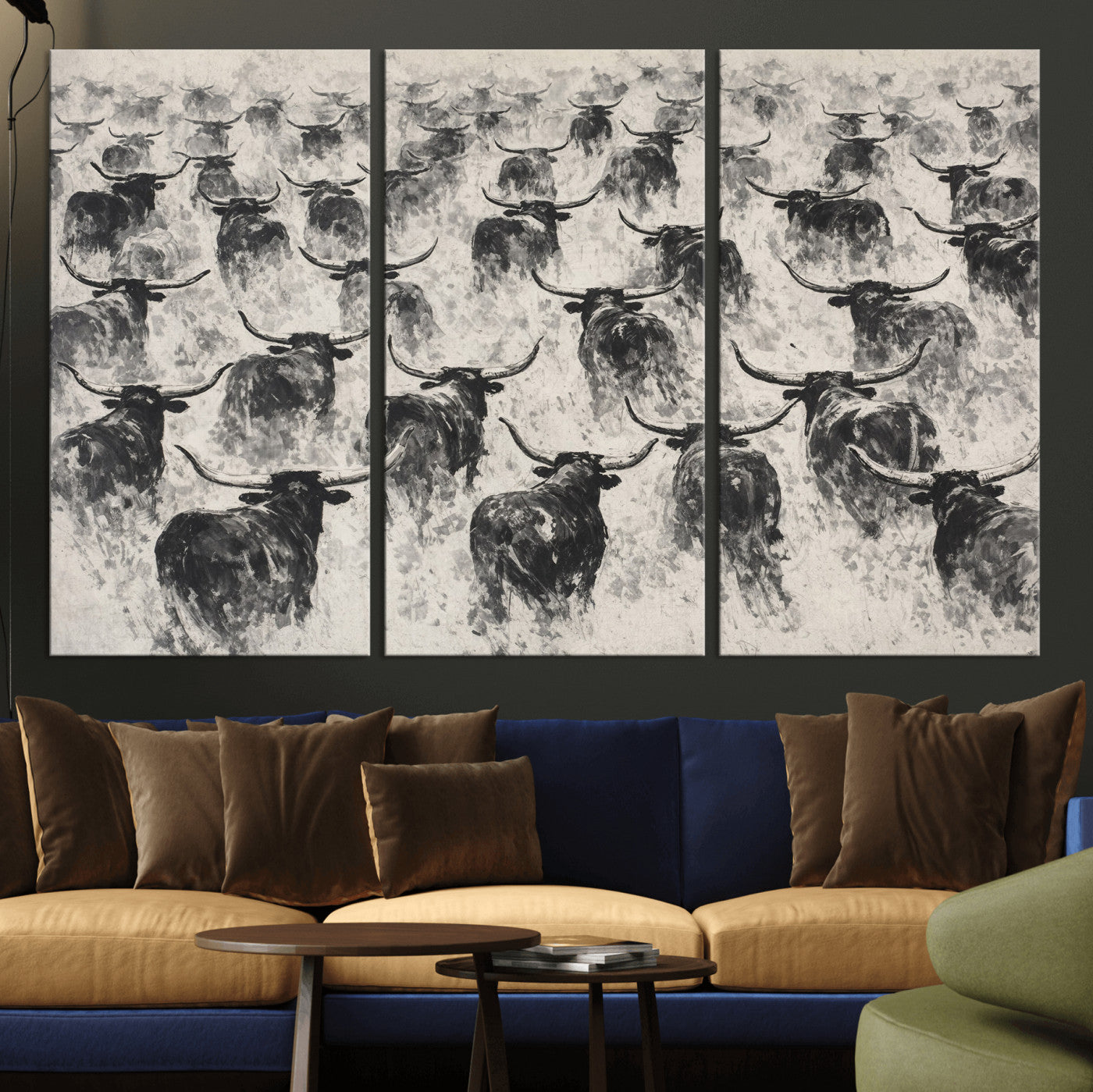 73328525-MGV-CV-36X24 - Texas Longhorn Drawing Canvas Wall Art, Western Cattle Stampede Painting Print, Warm Amber Ranch Decor, Rustic Cowboy Home Art, Large Living Room Decor