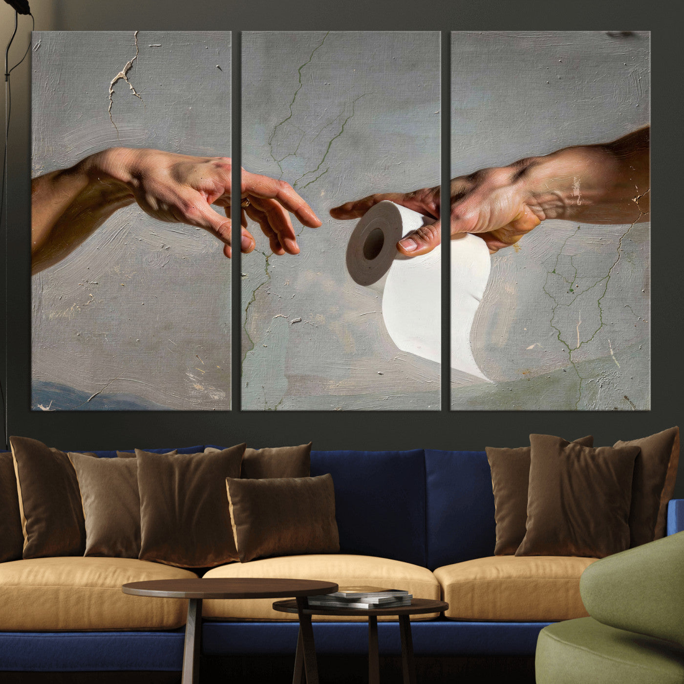 72030048-MGV-CV-36X24 - Funny Bathroom Wall Art Canvas, Creation of Toilet Paper Parody Print, Renaissance Humor Decor, Toilet Room Art, Quirky Housewarming Gift, Classic Art Spoof