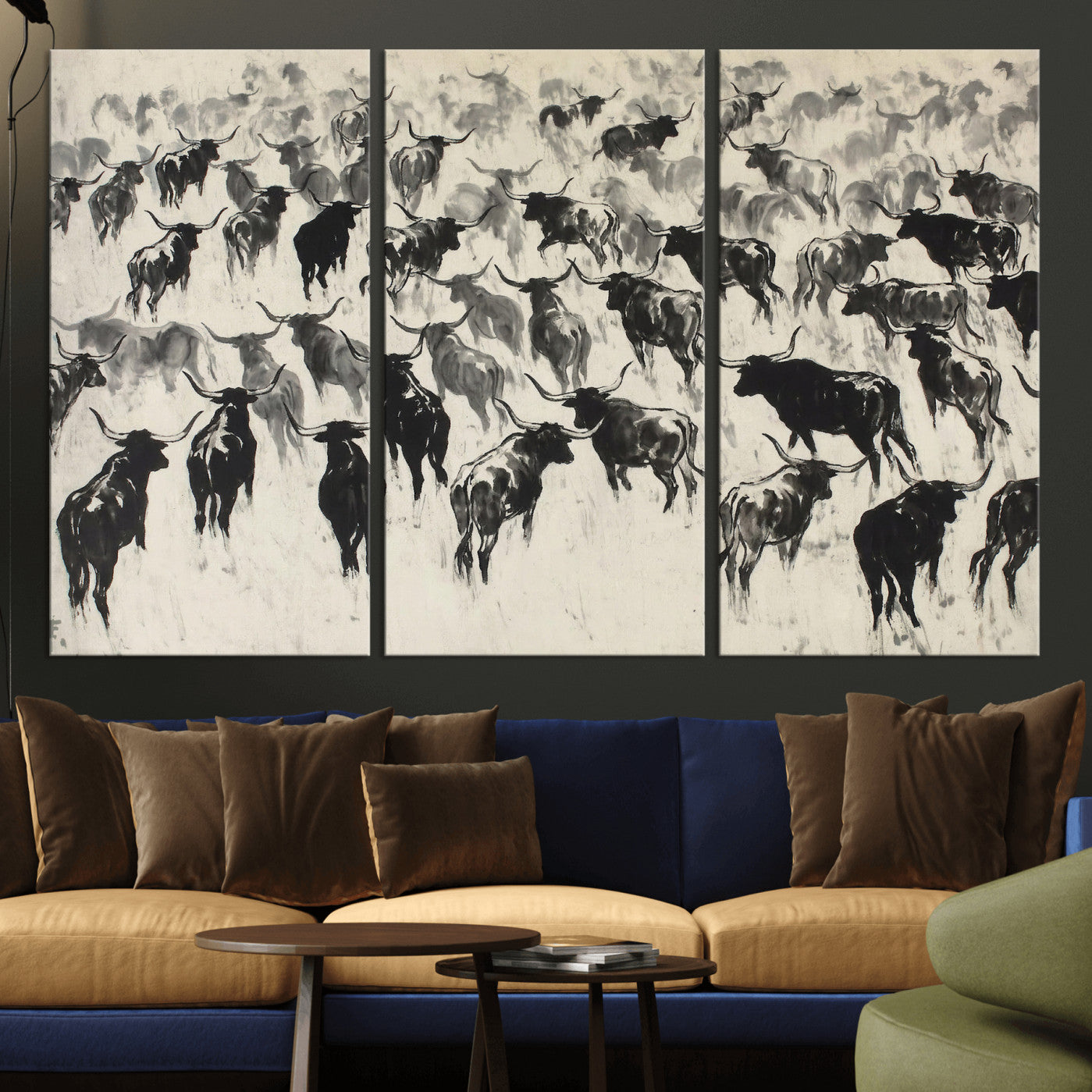 68669792-MGV-CV-36X24 - Longhorn Cattle Canvas Wall Art, Black White Stampede Ink Painting Print, Western Farmhouse Decor, Bull Herd Art, Large Living Room Wall Art, Ranch Home Decor