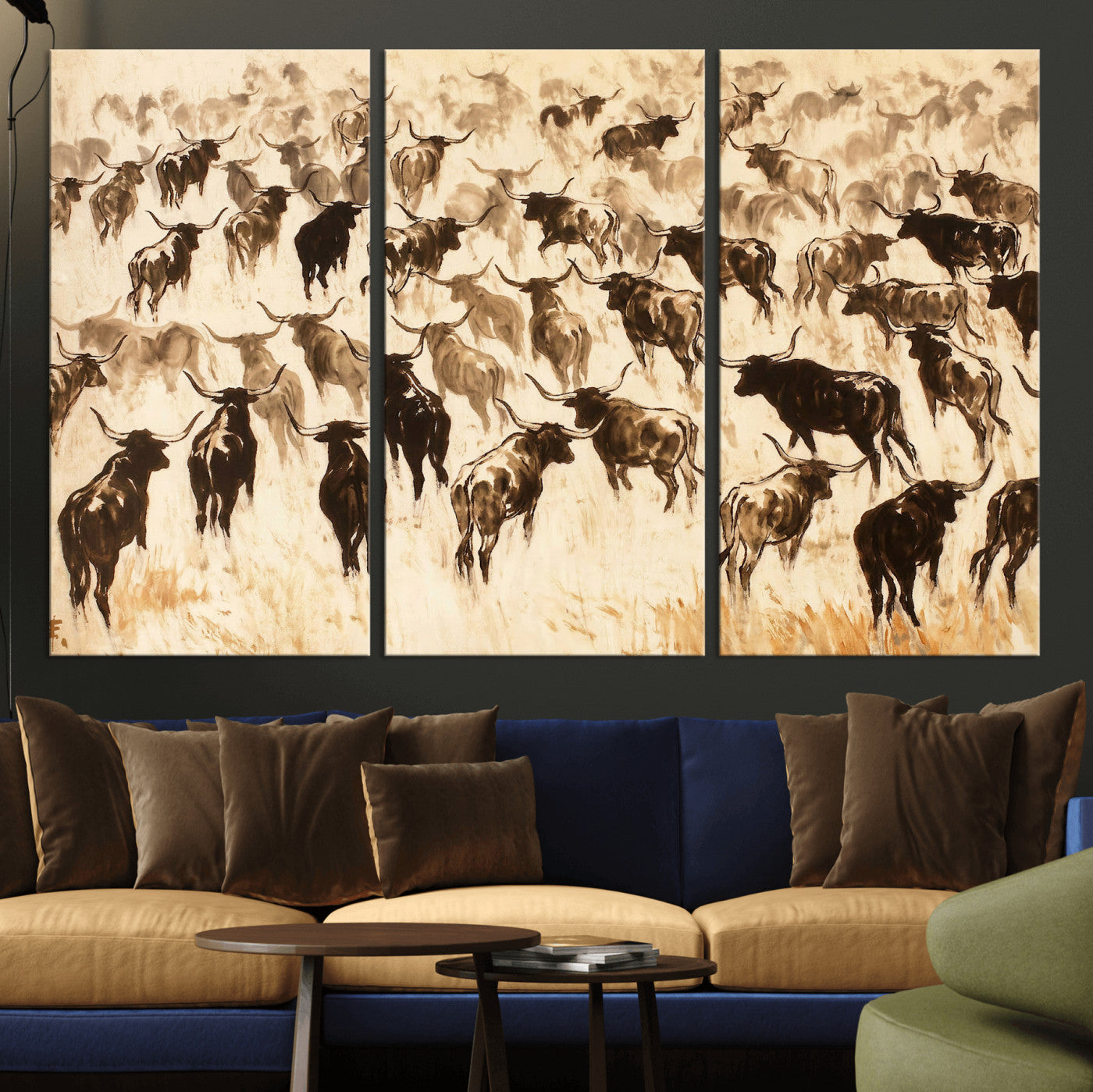 39077774-MGV-CV-36X24 - Texas Longhorn Sepia Canvas Wall Art, Western Cattle Stampede Painting Print, Warm Amber Ranch Decor, Rustic Cowboy Home Art, Large Living Room Decor