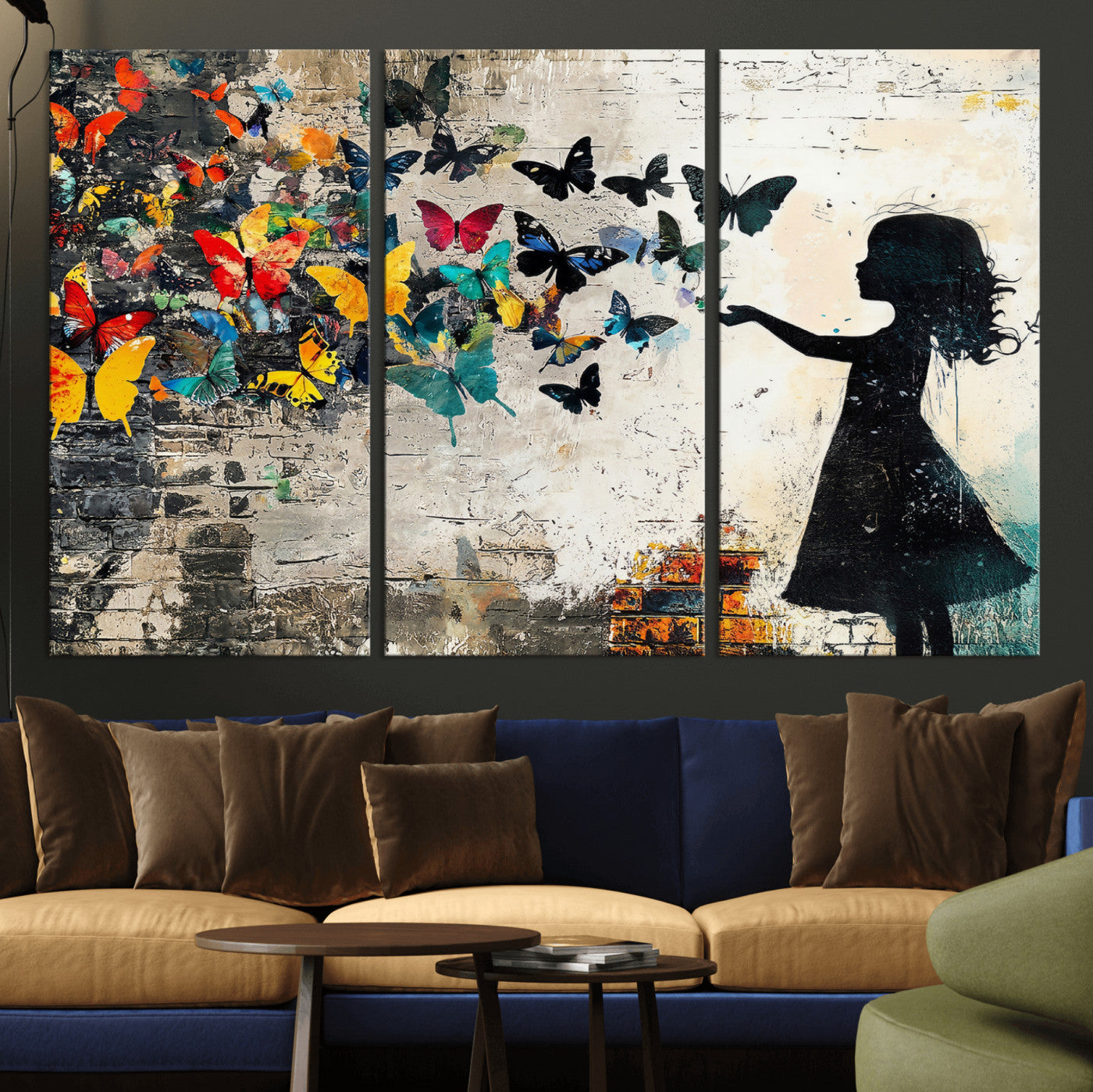 33909022-MGV-CV-36X24 - Banksy Butterfly Girl Wall Art Canvas Print, Framed Street Art Silhouette Graffiti Artwork, Colorful Butterfly Wall Decor for Living Room Bedroom Office