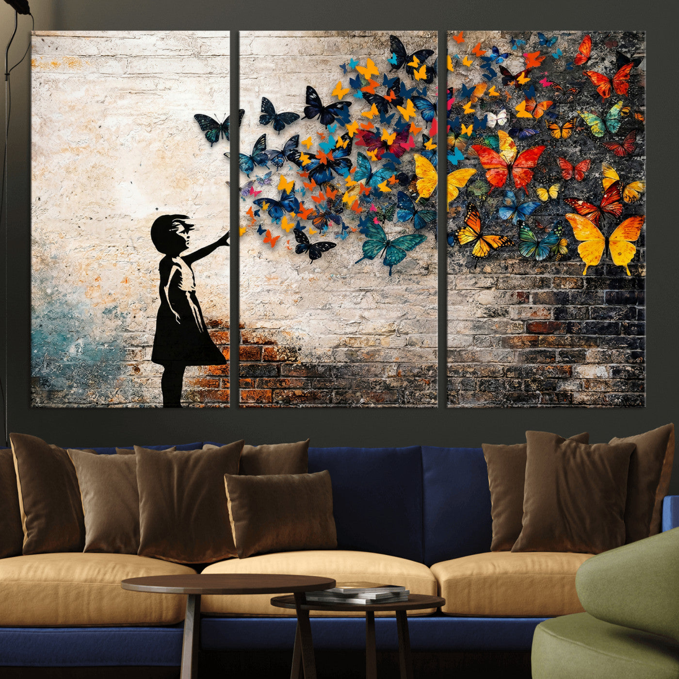 78760384-MGV-CV-36X24 - Banksy Graffiti Butterfly Girl Wall Art Canvas Print, Framed Street Art Canvas Print, Silhouette Butterfly Wall Art for Living Room Bedroom Office
