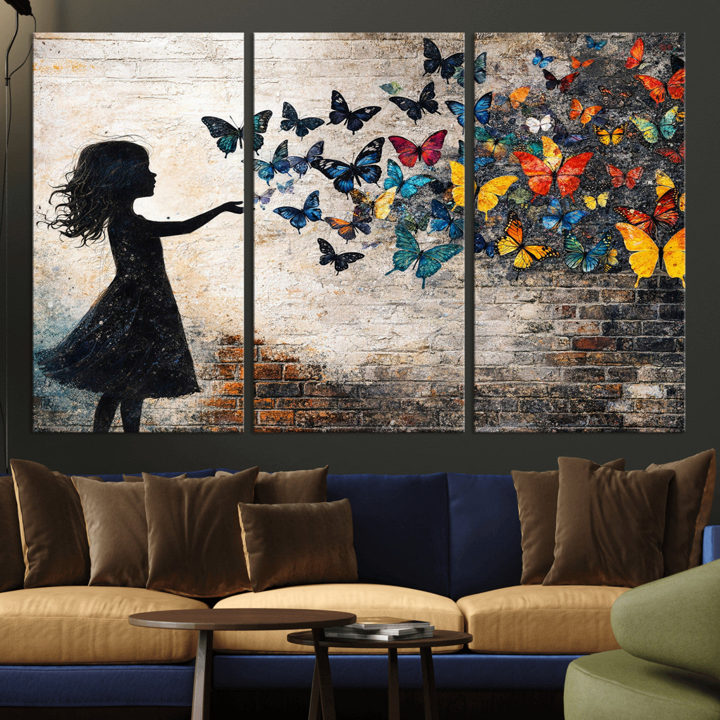 70522594-MGV-CV-36X24 - Banksy Butterfly Girl Wall Art Canvas Print, Framed Street Art Canvas Print, Graffiti Silhouette Butterfly Wall Art for Living Room Bedroom Office