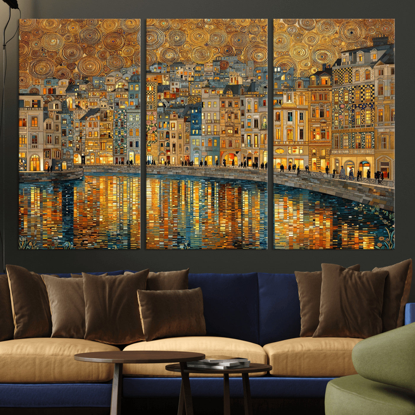 94022787-MGV-CV-36X24 - Gustav Klimt Golden Cityscape Wall Art Canvas Print, Framed River Town Landscape Artwork, Ornate Architecture Wall Decor for Living Room Bedroom Office