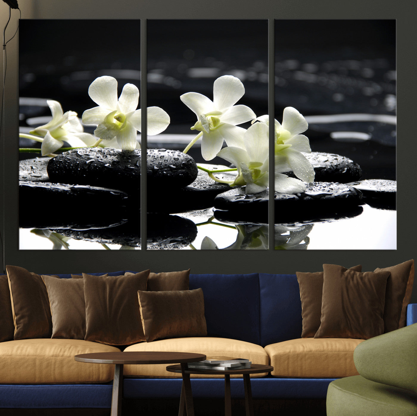 79486206-MGV-CV-36X24 - Plumeria Frangipani Black Stone Canvas | White Flower Spa Photography Print | Tropical Zen Wall Art | Grey Pebble Floral for Meditation Room Decor