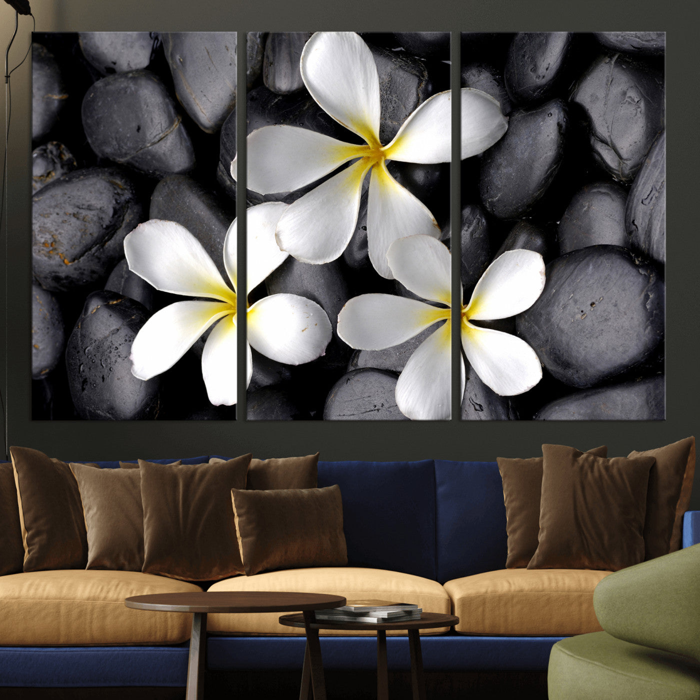 43639613-MGV-CV-36X24 - Plumeria Frangipani Black Stone Canvas | White Flower Spa Photography Print | Tropical Zen Wall Art | Grey Pebble Floral Decor