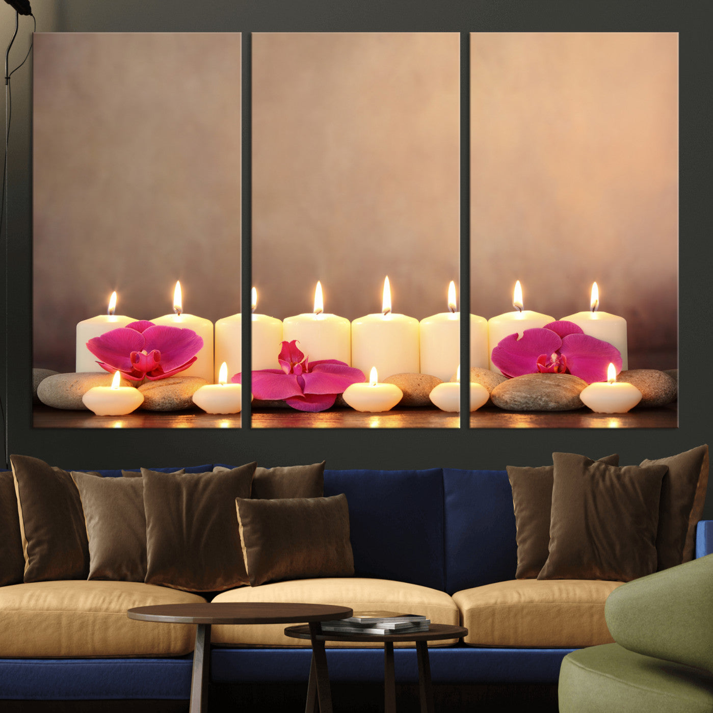 59470569-MGV-CV-36X24 - Spa Candles Orchid Canvas Print | Zen Wellness Relaxation Wall Art | Pink Flower Candlelight Bathroom Decor | Calm Beige Photography