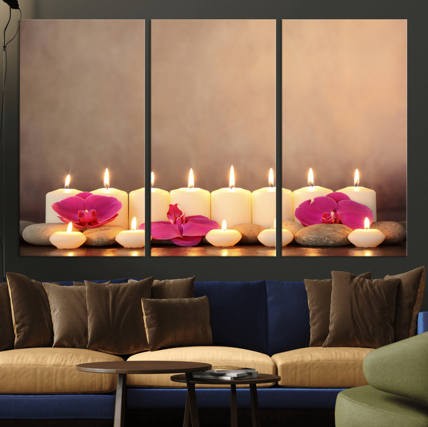 59470569-MGV-CV-36X24 - Spa Candles Orchid Canvas Print | Zen Wellness Relaxation Wall Art | Pink Flower Candlelight Bathroom Decor | Calm Beige Photography