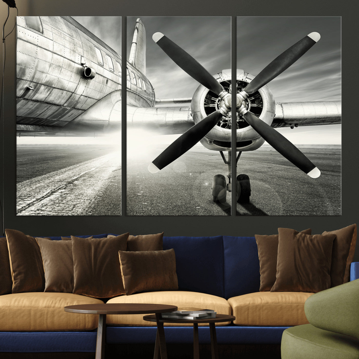 16420255-MGV-CV-36X24 - Vintage Airplane Wall Art Canvas Print, Black and White Propeller Aircraft Framed Aviation Artwork for Pilot Office Hangar Living Room Decor