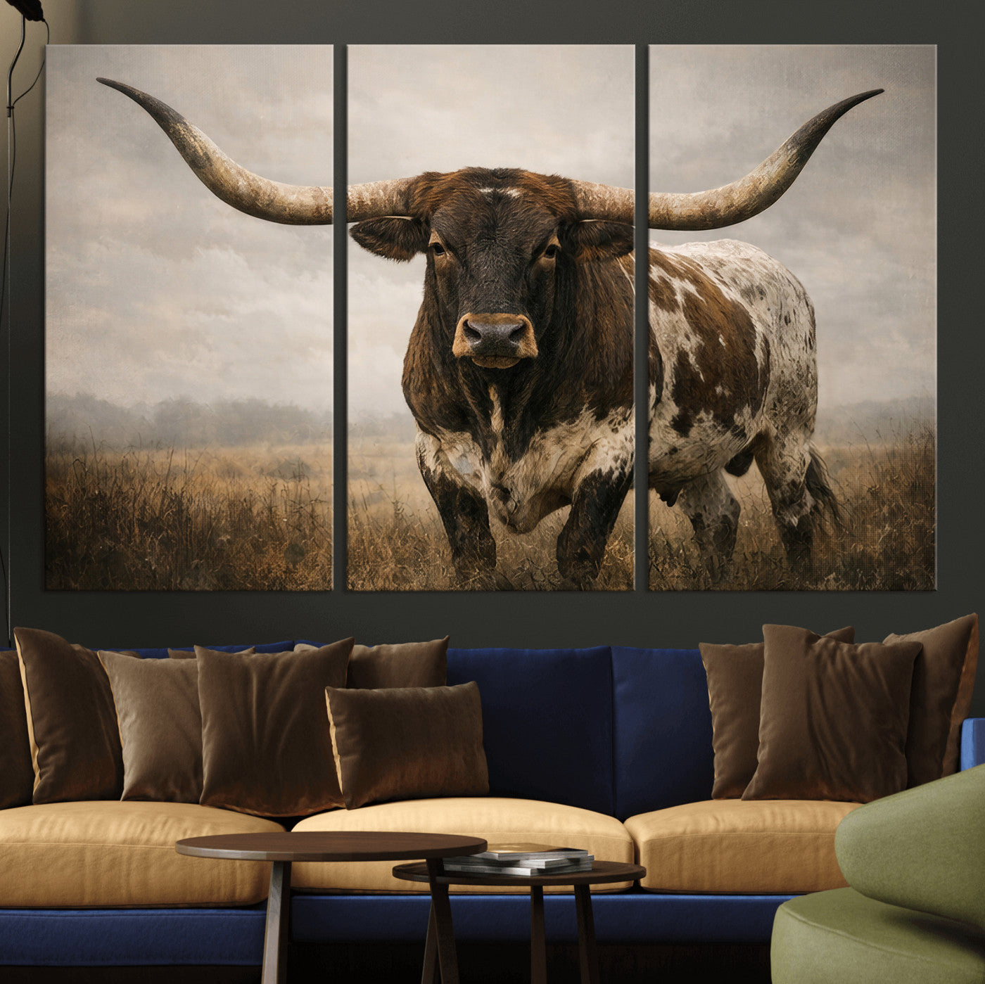 17622011L-MGV-CV-36X24 - Longhorn Bull Wall Art Canvas Print, Western Farmhouse Cowboy Decor, Rustic Texas Ranch Cattle Artwork for Living Room Bedroom Office, Framed Wall Decor