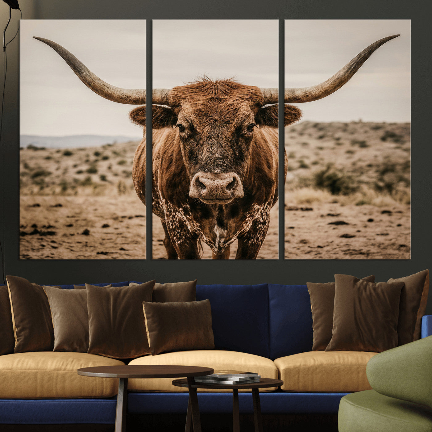 17622011K-MGV-CV-36X24 - Texas Longhorn Bull Wall Art Canvas Print, Western Farmhouse Cowboy Decor, Rustic Texas Ranch Cattle Artwork for Living Room Bedroom Office, Framed Wall Decor