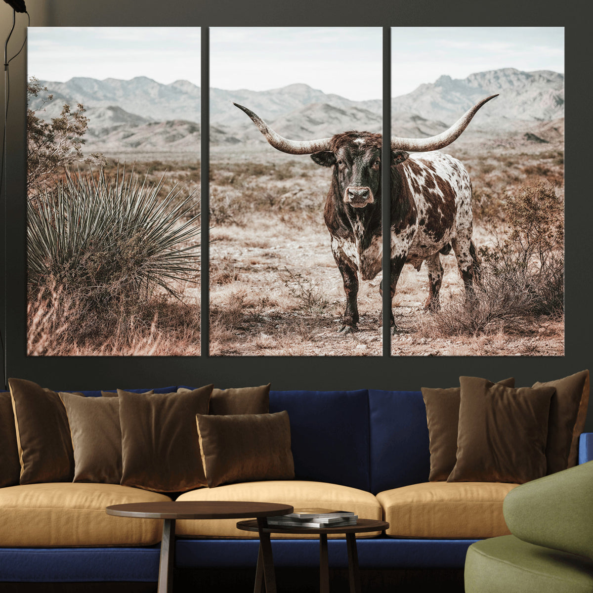 17622011H-MGV-CV-36X24 - Texas Longhorn Bull Wall Art Canvas Print, Western Farmhouse Cowboy Decor, Rustic Texas Ranch Cattle Artwork for Living Room Bedroom Office, Framed Wall Decor