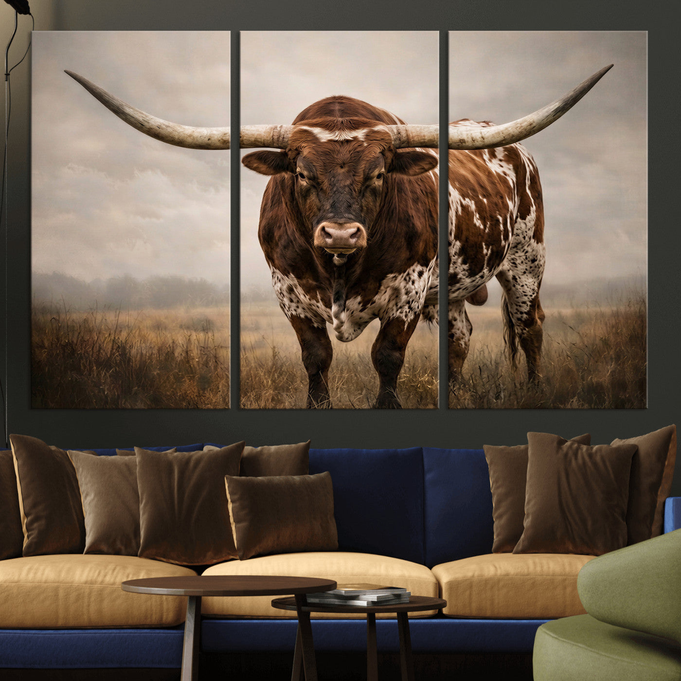 25239047-MGV-CV-36X24 - Texas Longhorn Canvas Wall Art Western Bull Desert Moody Grey Overcast Rustic Farmhouse Framed Large for Living Room Bedroom Office Decor