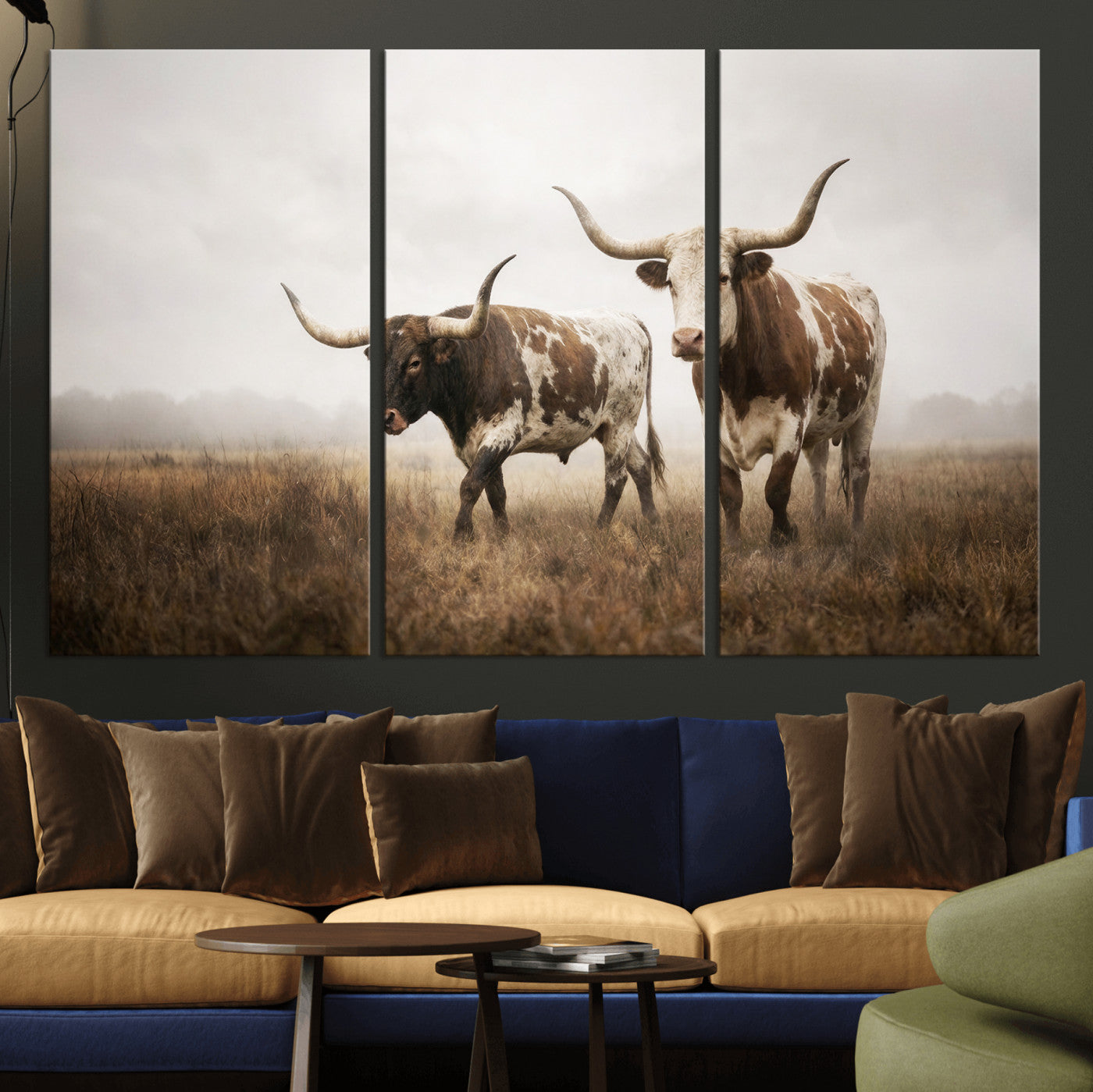 92881702-MGV-CV-36X24 - Texas Longhorn Canvas Wall Art Western Bull Desert Moody Grey Overcast Rustic Farmhouse Framed Large for Living Room Bedroom Office Decor