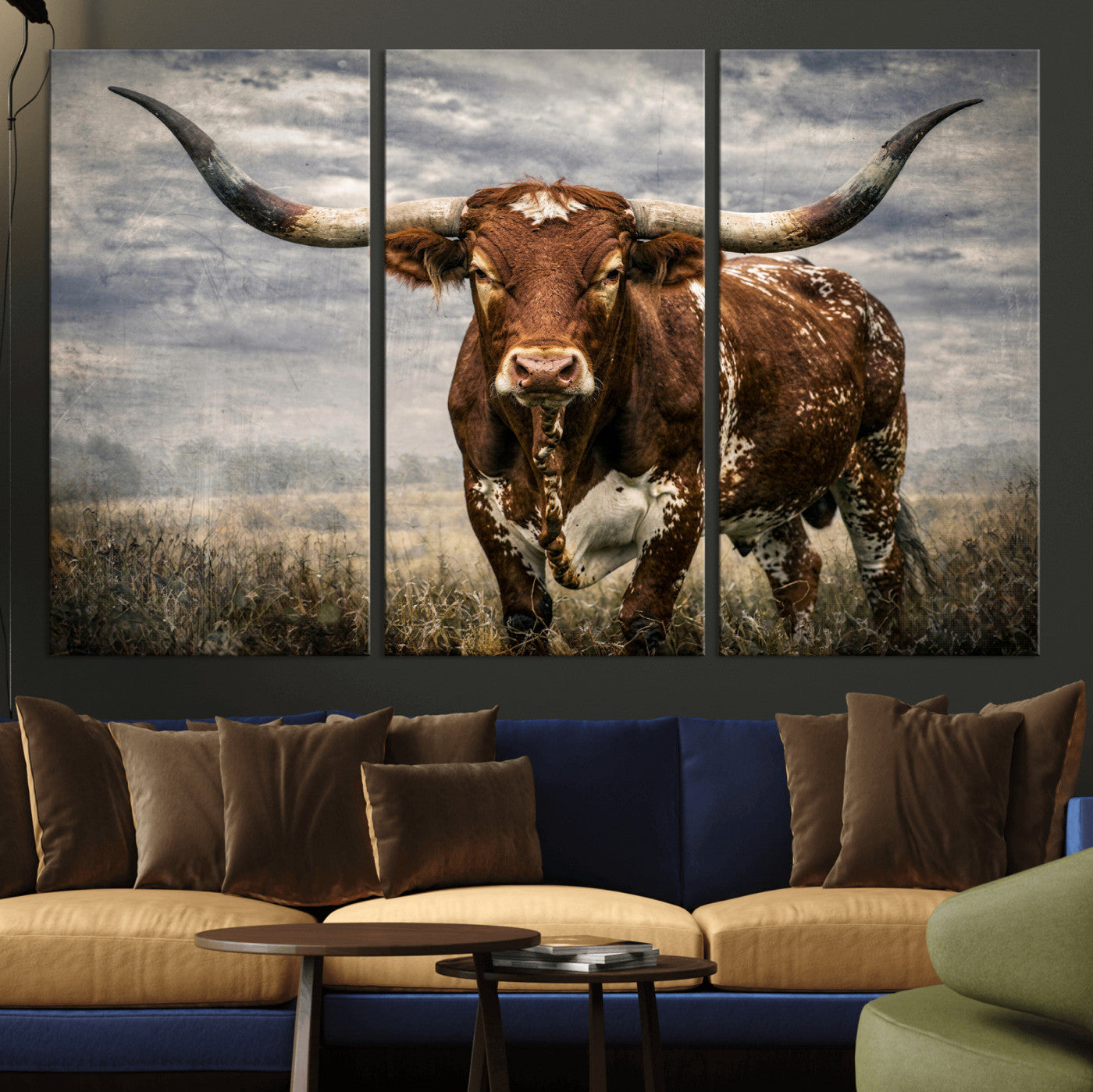 14372769-MGV-CV-36X24 - Texas Longhorn Canvas Wall Art Western Bull Desert Moody Grey Overcast Rustic Farmhouse Framed Large for Living Room Bedroom Office Decor
