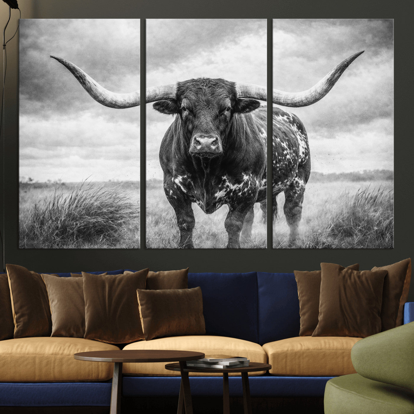 19951238-MGV-CV-36X24 - Texas Longhorn Canvas Wall Art Western Bull Desert Moody Grey Overcast Rustic Farmhouse Framed Large for Living Room Bedroom Office Decor