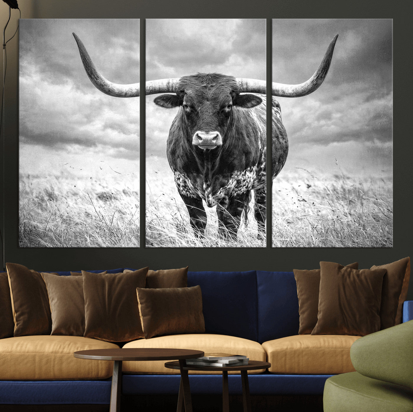 63336115-MGV-CV-36X24 - Texas Longhorn Canvas Wall Art Western Bull Desert Moody Grey Overcast Rustic Farmhouse Framed Large for Living Room Bedroom Office Decor