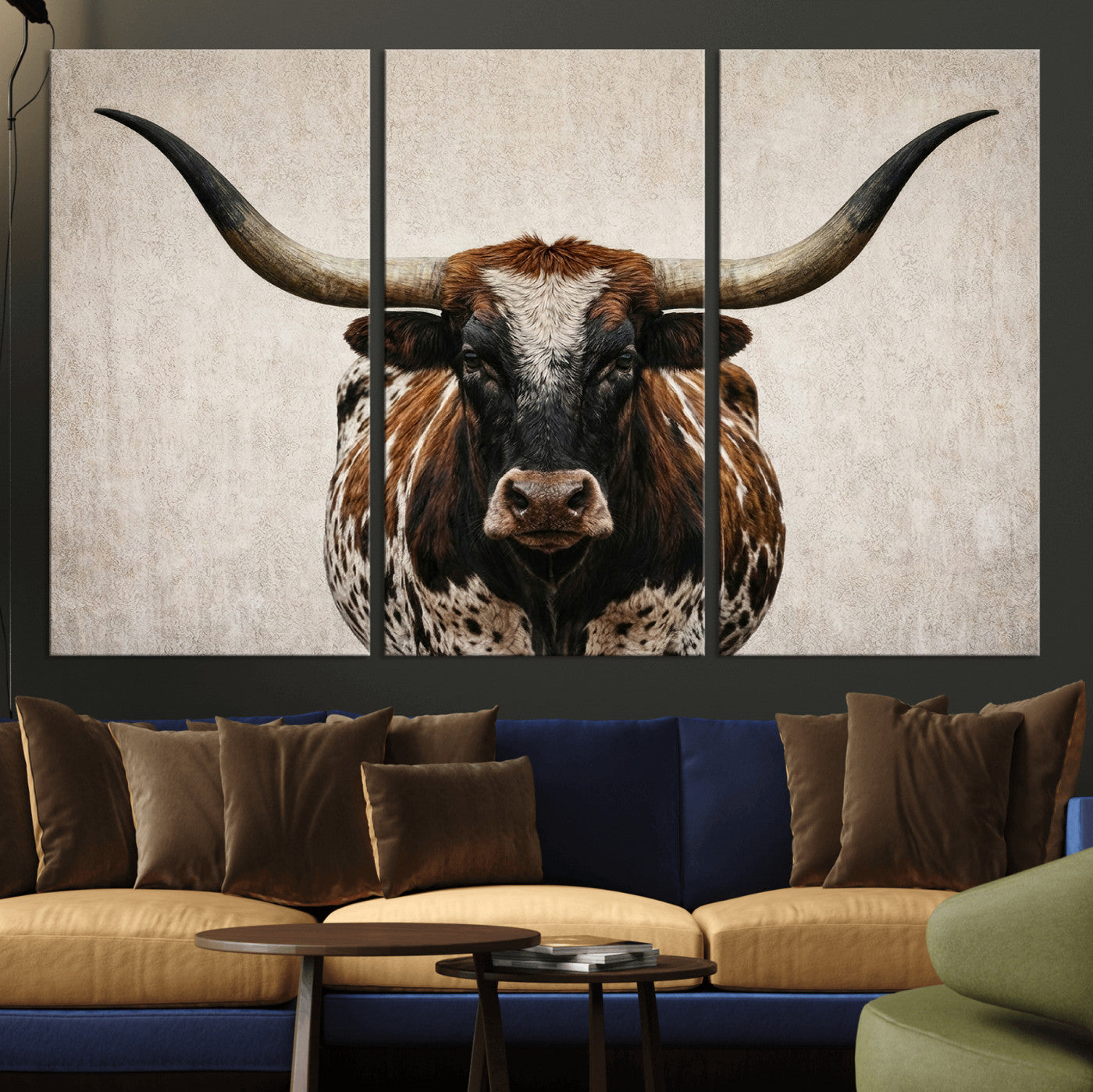 58622065-MGV-CV-36X24 - Texas Longhorn Canvas Wall Art Western Bull Desert Moody Grey Overcast Rustic Farmhouse Framed Large for Living Room Bedroom Office Decor