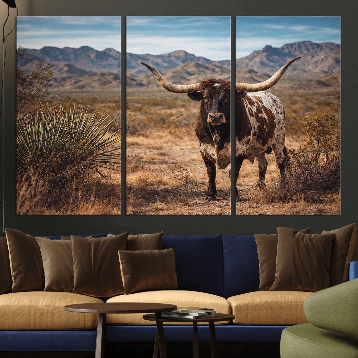 26448918-MGV-CV-36X24 - Texas Longhorn Canvas Wall Art Western Bull Desert Moody Grey Overcast Rustic Farmhouse Framed Large for Living Room Bedroom Office Decor