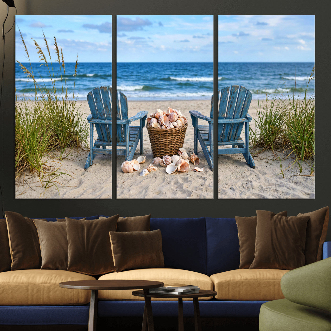 80268829-MGV-CV-36X24 - Large Beach Canvas Wall Art Coastal Adirondack Chairs Ocean Seashells Blue Nautical Framed Large for Living Room Bedroom Bathroom Decor