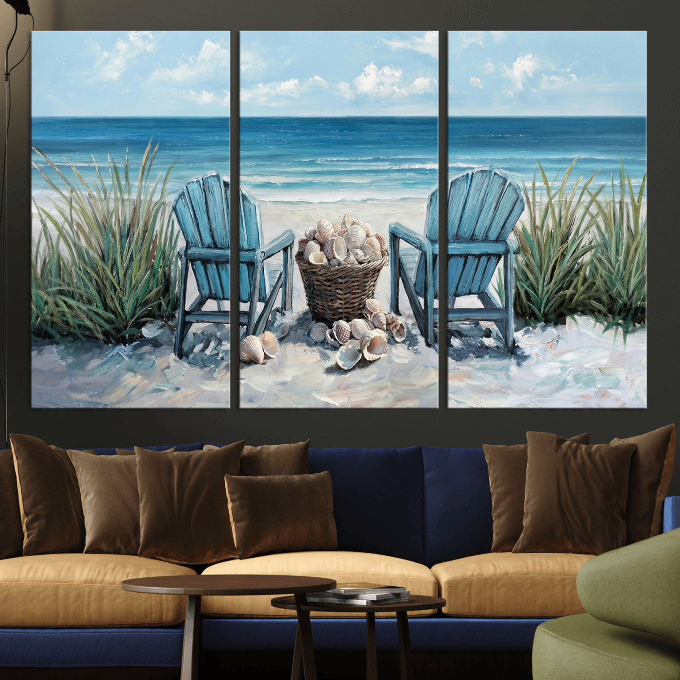 11973028-MGV-CV-36X24 - Beach Canvas Wall Art Coastal Adirondack Chairs Ocean Seashells Blue Nautical Framed Large for Living Room Bedroom Bathroom Decor